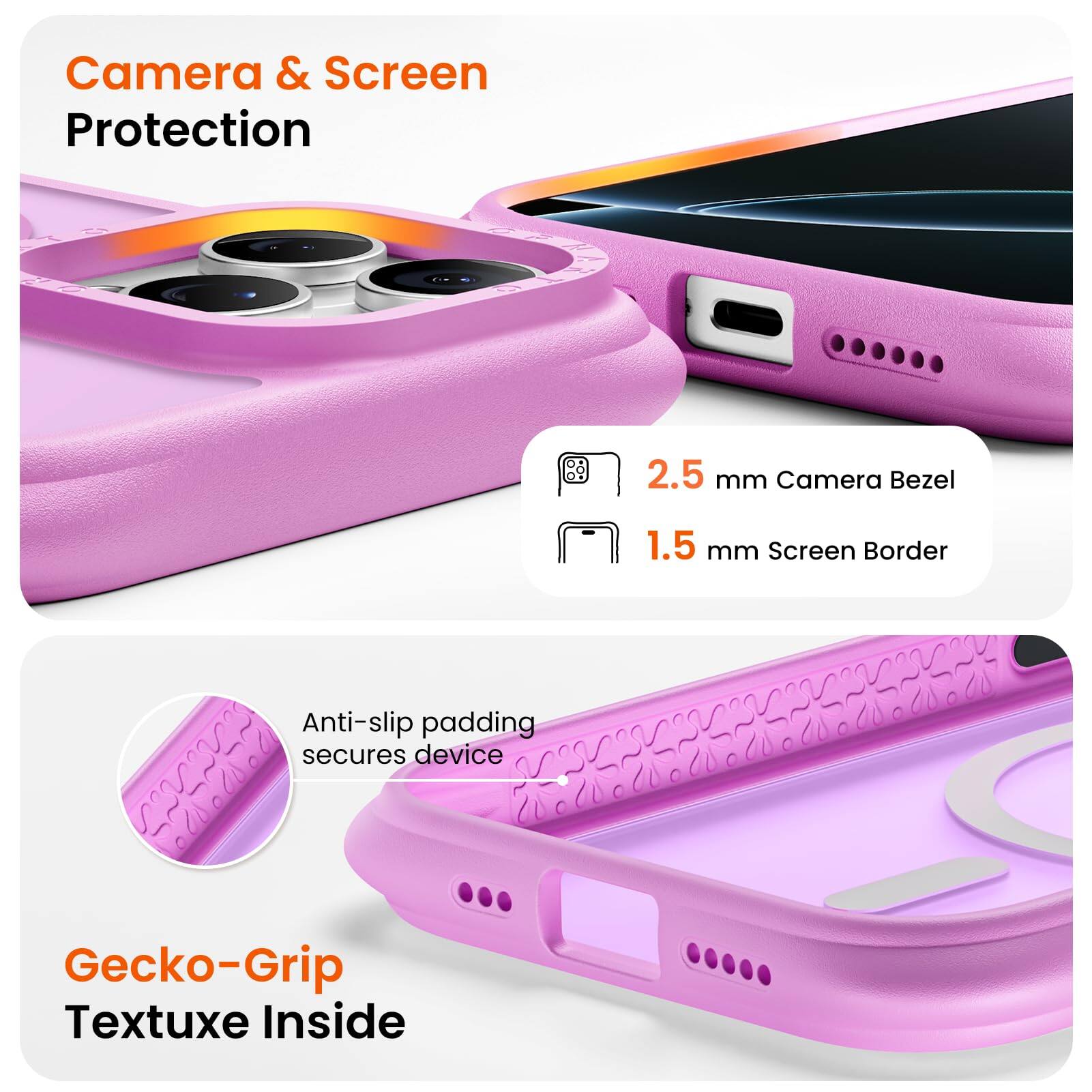 Camera & Screen Protection  
2.5 mm Camera Bezel  
1.5 mm Screen Border  
Anti-slip padding secures device  
Gecko-Grip Textuxe Inside