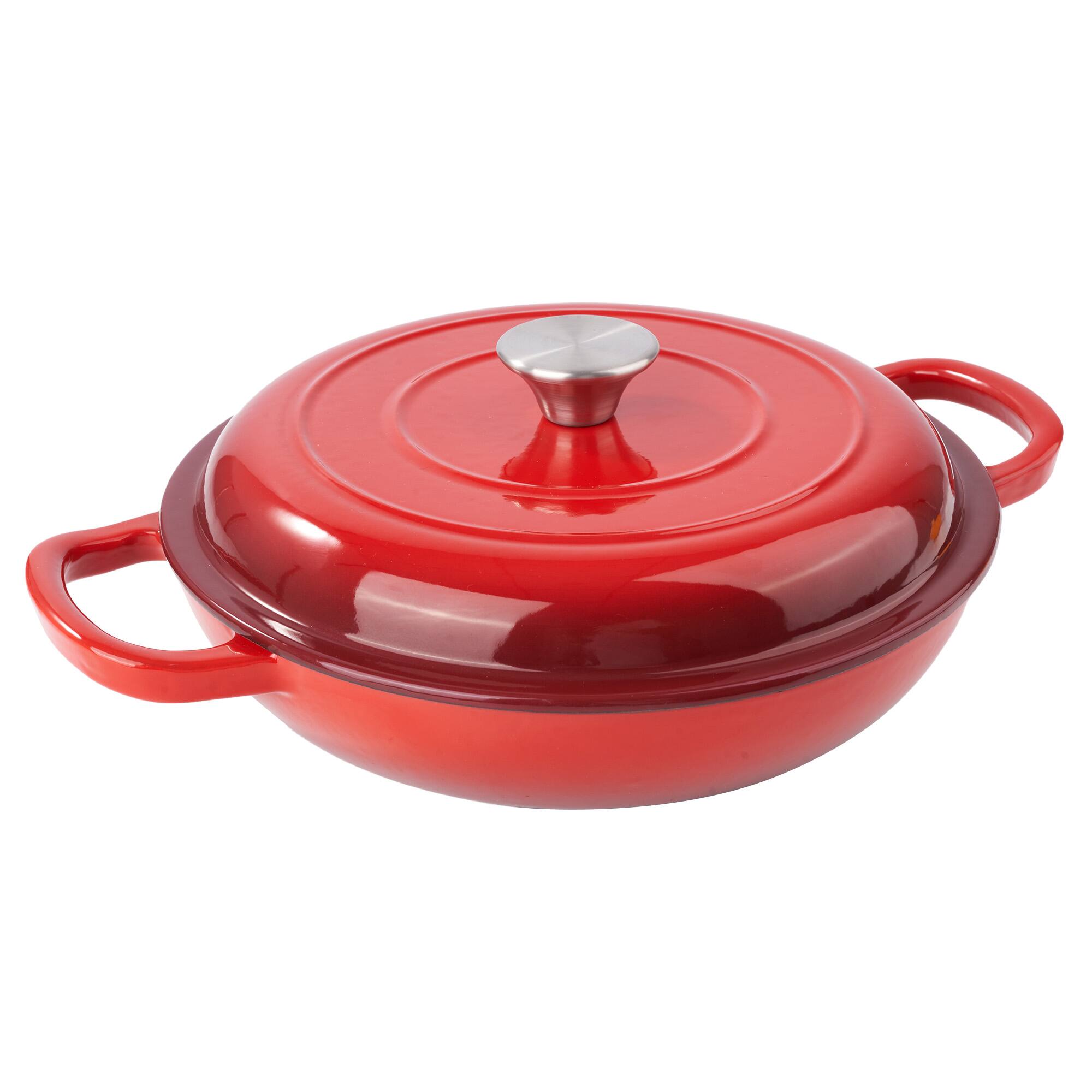 Alt View 2. MOOSOO - 3 Quart Enameled Shallow Cast Iron Dutch Oven with Lid, Dual Handles Dutch Pots for Cooking, Stewing For All Stovetops - Red.