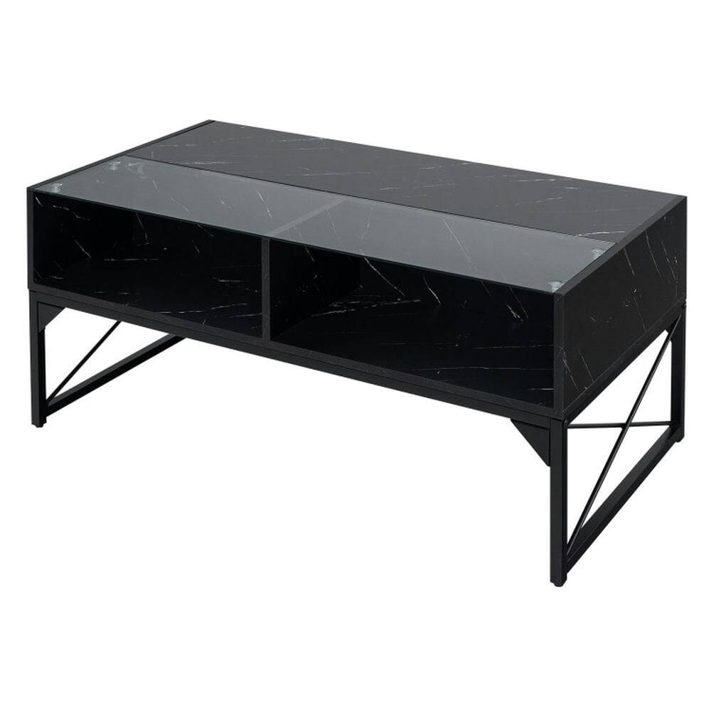 Front. Resenkos - Coffee Table,Center Table, Modern Sofa Table Tea Table,Center Table with Faux Marble and Tempered Glass Top-Black - Black.