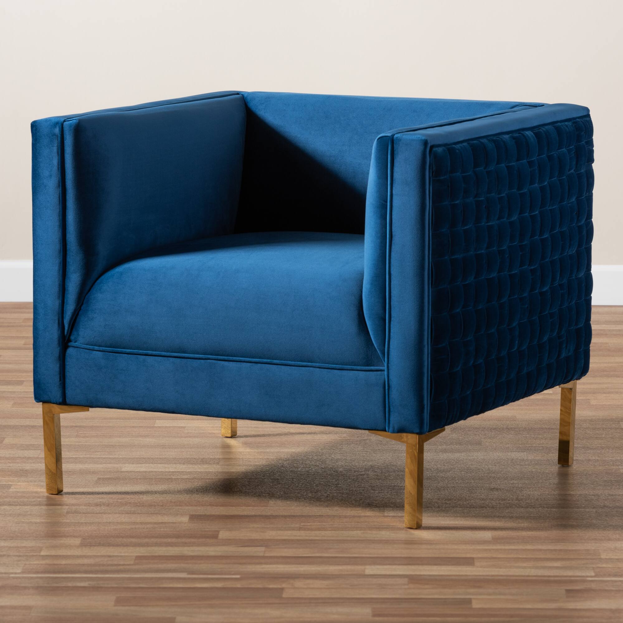 Alt View 4. Baxton Studio - Seraphin Glam and Luxe Velvet Fabric Upholstered Gold Finished Armchair - Blue/Gold.