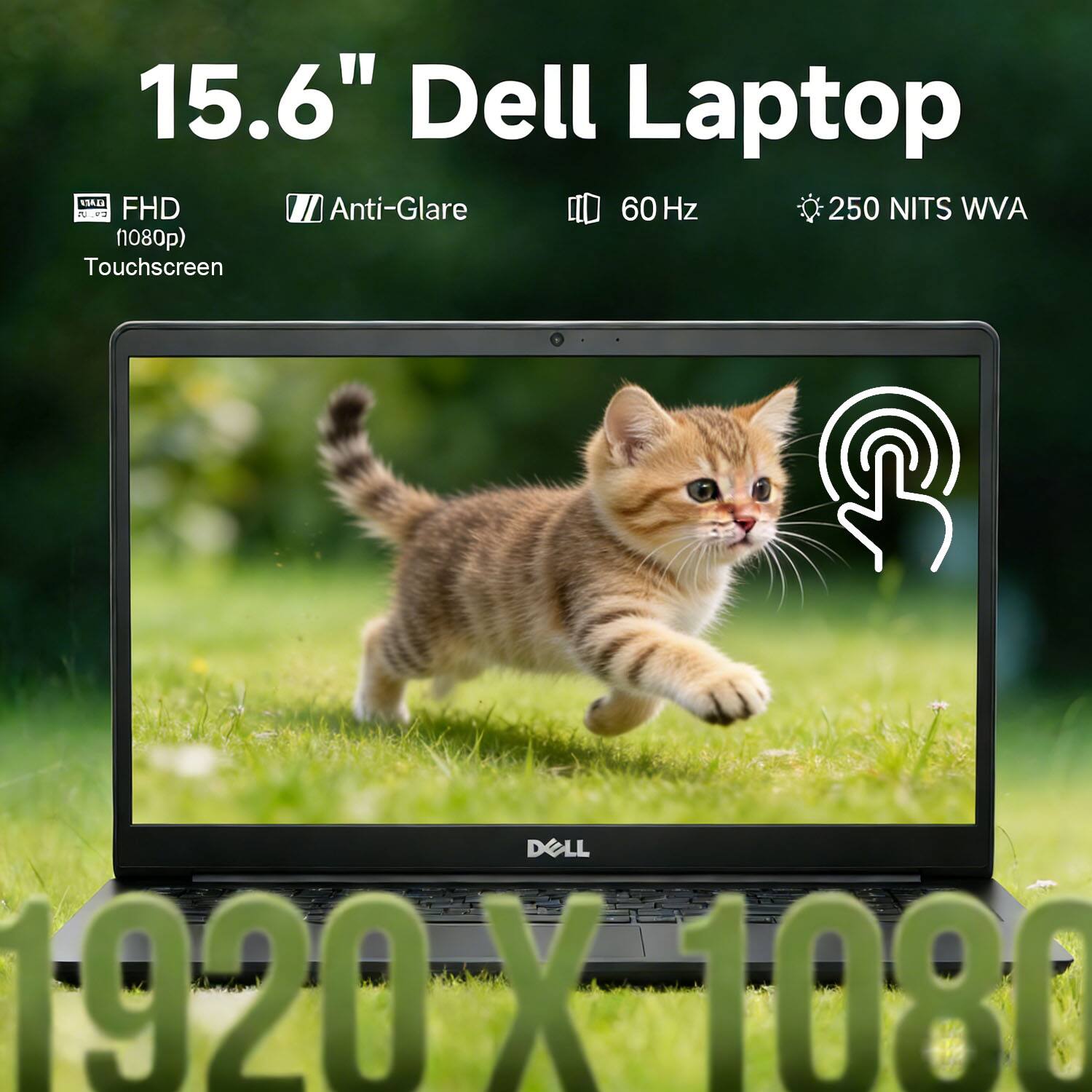 15.6" Dell Laptop  
FHD (1080p) Touchscreen  
Anti-Glare  
60 Hz  
250 NITS WVA  
1920 x 1080