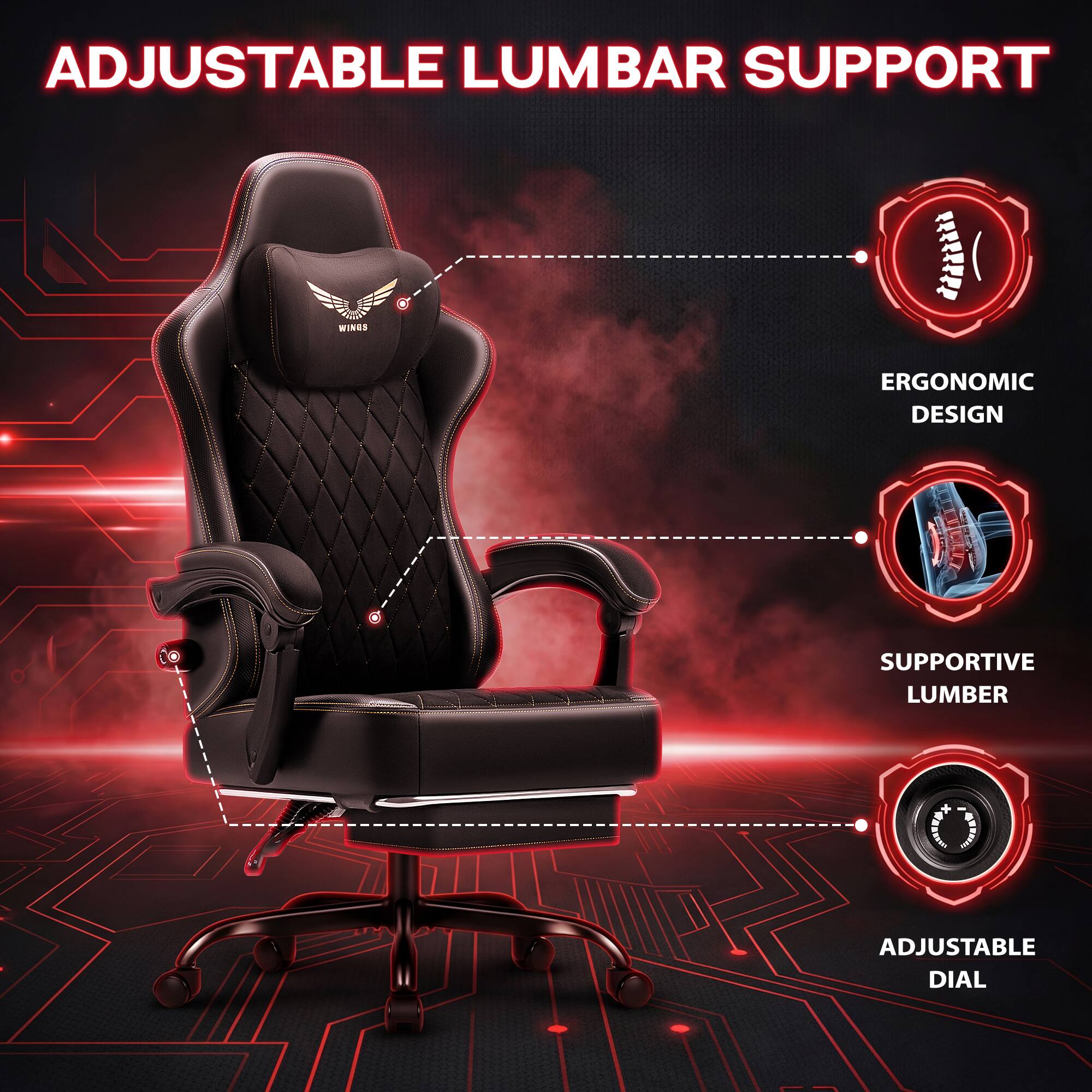 ADJUSTABLE LUMBAR SUPPORT

- ERGONOMIC DESIGN
- SUPPORTIVE LUMBER
- ADJUSTABLE DIAL