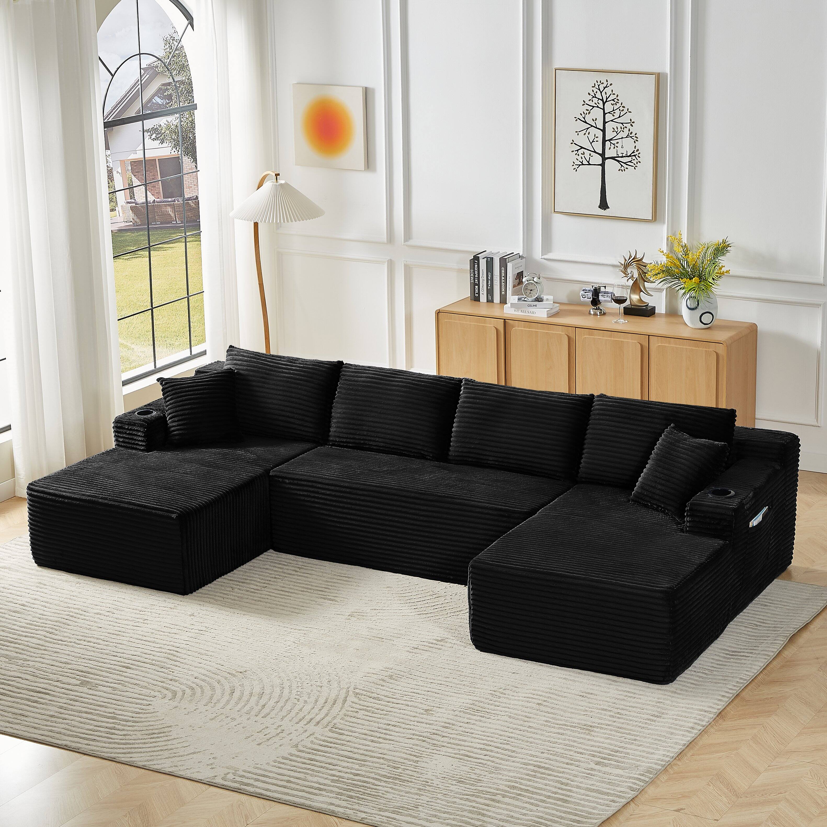 Alt View 2. Aukfa - U-Shaped Sectional Sofa Set - Minimalist Modular Design, Corduroy Cloud Couch for Living Room - Black.