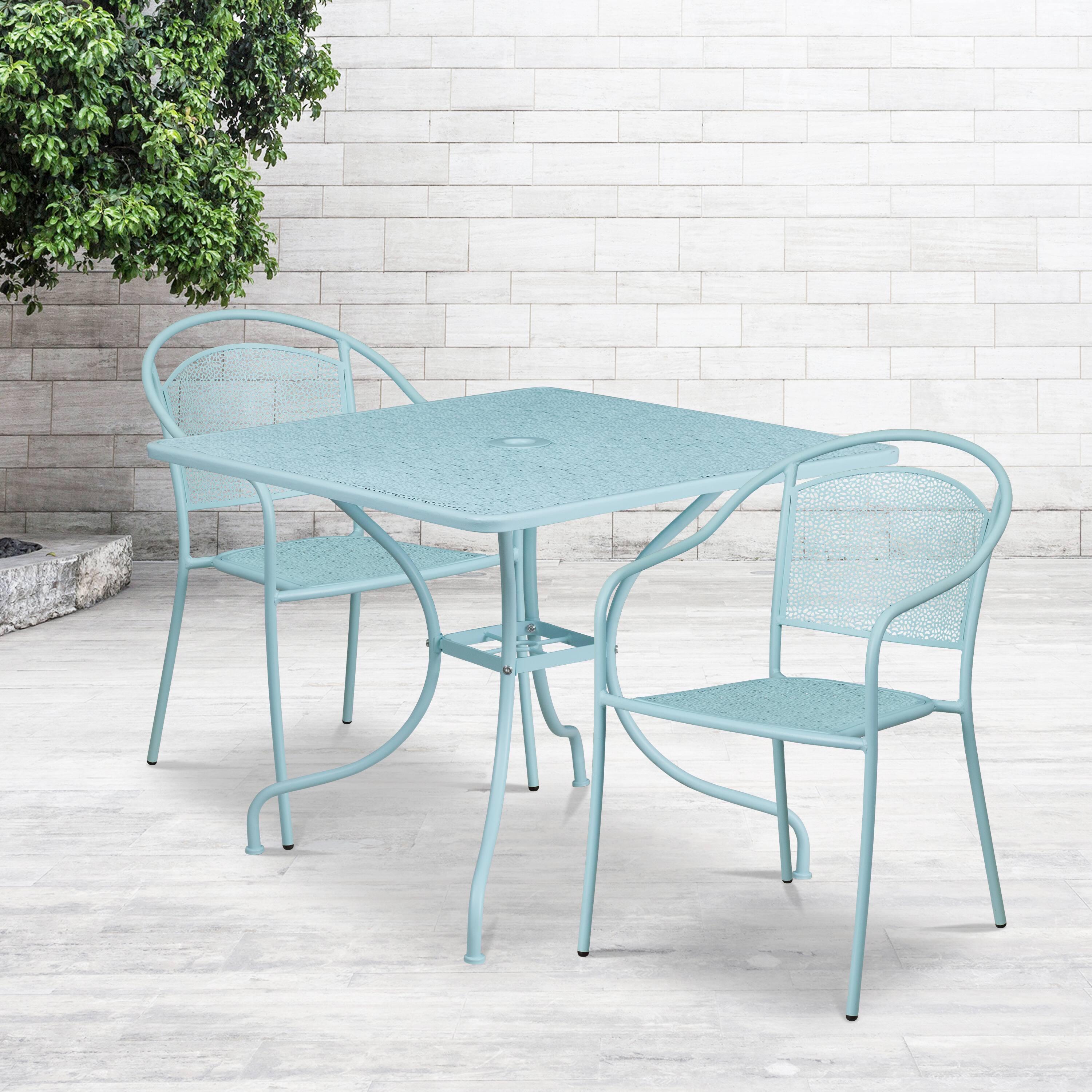 Alt View 1. Emma + Oliver - Commercial 35.5" Square Metal Garden Patio Table Set w/ 2 Round Back Chairs - Sky Blue.