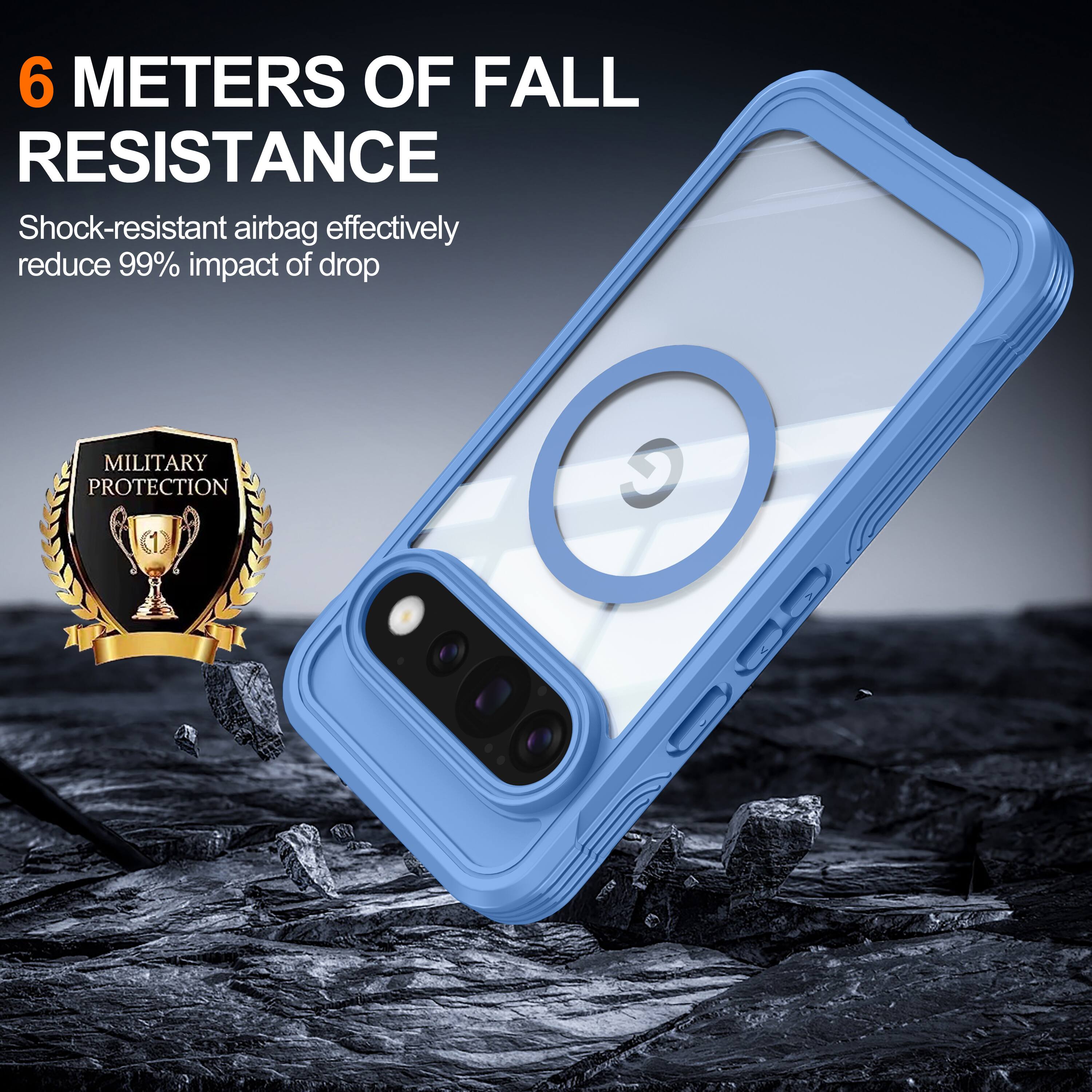 6 METERS OF FALL RESISTANCE  
Shock-resistant airbag effectively reduce 99% impact of drop  
MILITARY PROTECTION