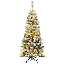 Costway - 4.5Ft Pre-lit Snow Flocked Artificial Pencil Christmas Pine Tree with 150 LED Lights - Green,White