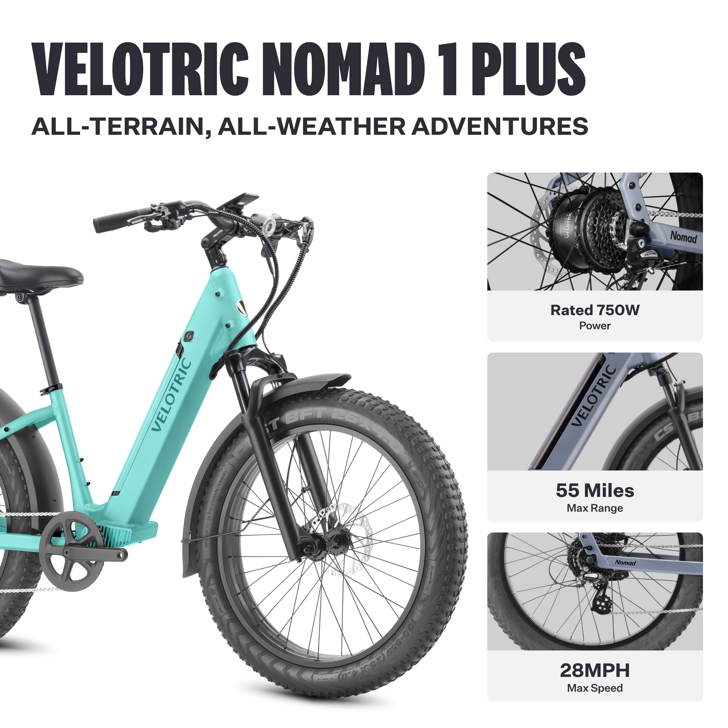 VELOTRIC NOMAD 1 PLUS ALL-TERRAIN, ALL-WEATHER ADVENTURES: Nomad VELOTRIC BFT IT OPxas Rated 750W Power VELOTRIC 55 Miles Max Range Nurva 28MPH Max Speed