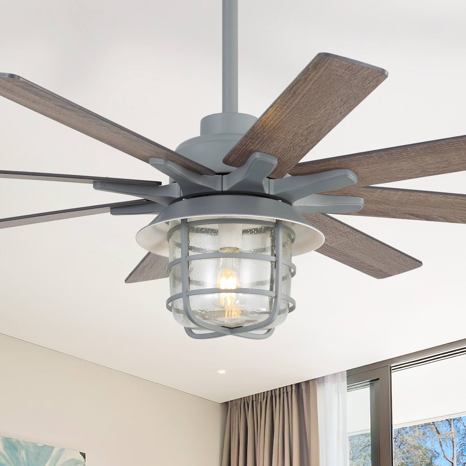 Alt View 6. Sofucor - Farmhouse Plywood Blades Ceiling Fans with Lights and Remote Quiet With Glass Lampshade for Bedroom Living Room - Cement Grey.