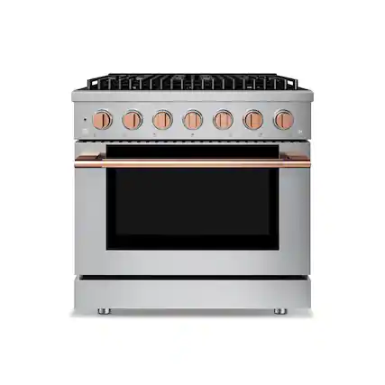 Front. Hauslane - HausPro 36 in. 6 Burners Gas Range in Rose Gold with 20,000 BTU and Convection Oven with 5 Rack Positions - Rose Gold.
