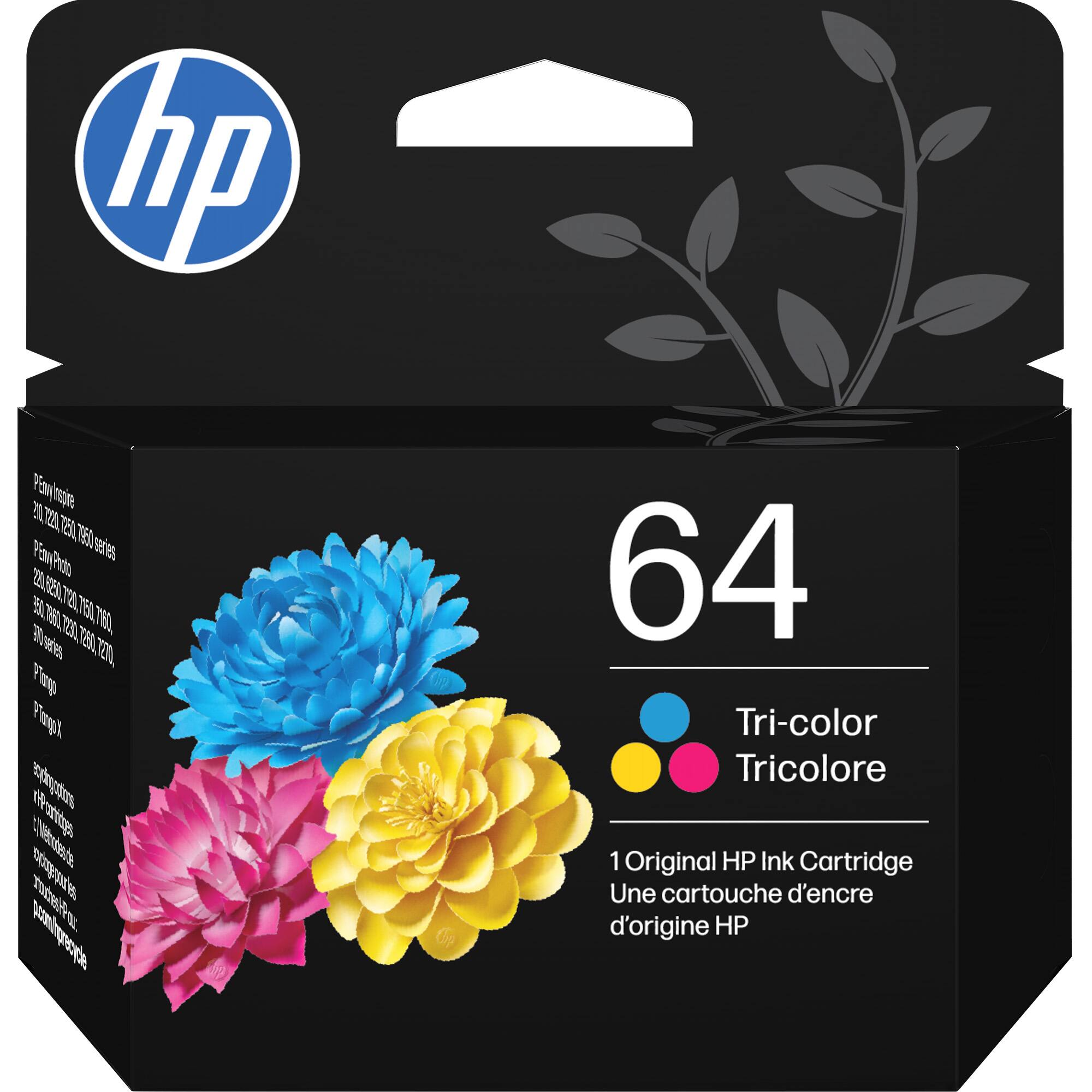 hp Von nsore
TIA TEL T80 Viom ee TA Padto 1E0 T2L
T0 7507 780 Bedes TEOL Te TOIL F rpp Prgil wtliakics ortips lenodasde ep Pstot e sumhpreoede
64 Tri-color Tricolore
1 Original HP Ink Cartridge
Une cartouche d'encre d'origine HP