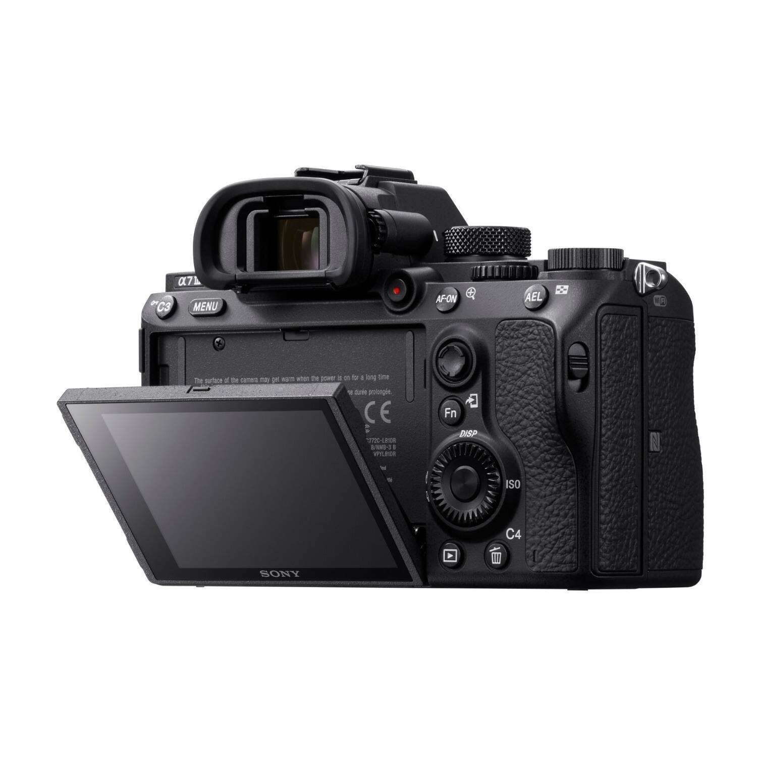 The image features a Sony camera with a black screen. The camera is equipped with a viewfinder and has a menu button on the top. The camera also has a power switch and a shutter button, which can be used to control the camera's settings and functions. Additionally, the camera has a display screen that shows the current settings, such as the ISO and shutter speed.
