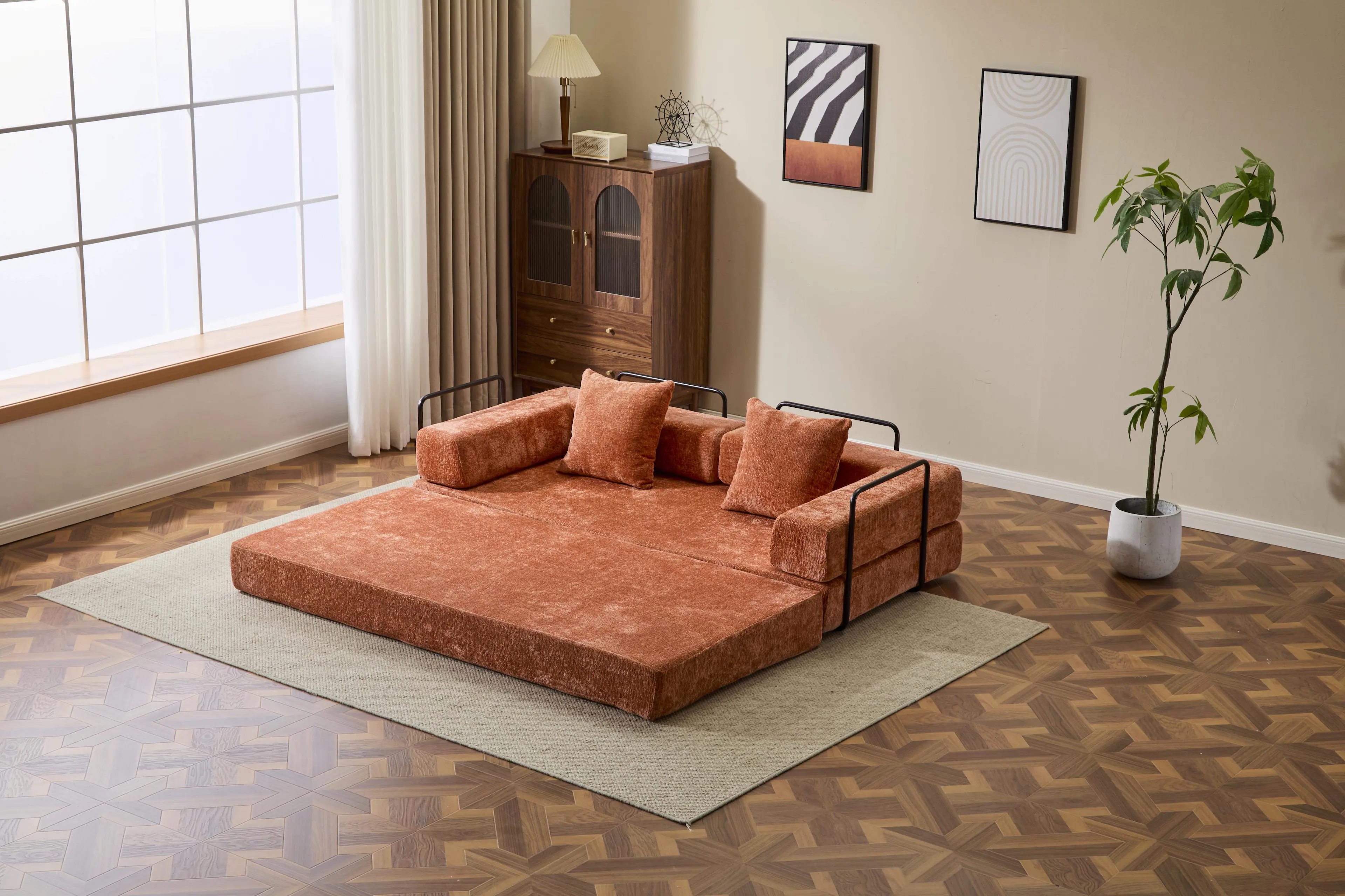 Angle. Roomtec - Floor CouchCompression SofaConvertible Floor Sofa Bedwith Pillow Back Support ArmrestComfy Futon Couch Lounge Sleeper - orange.