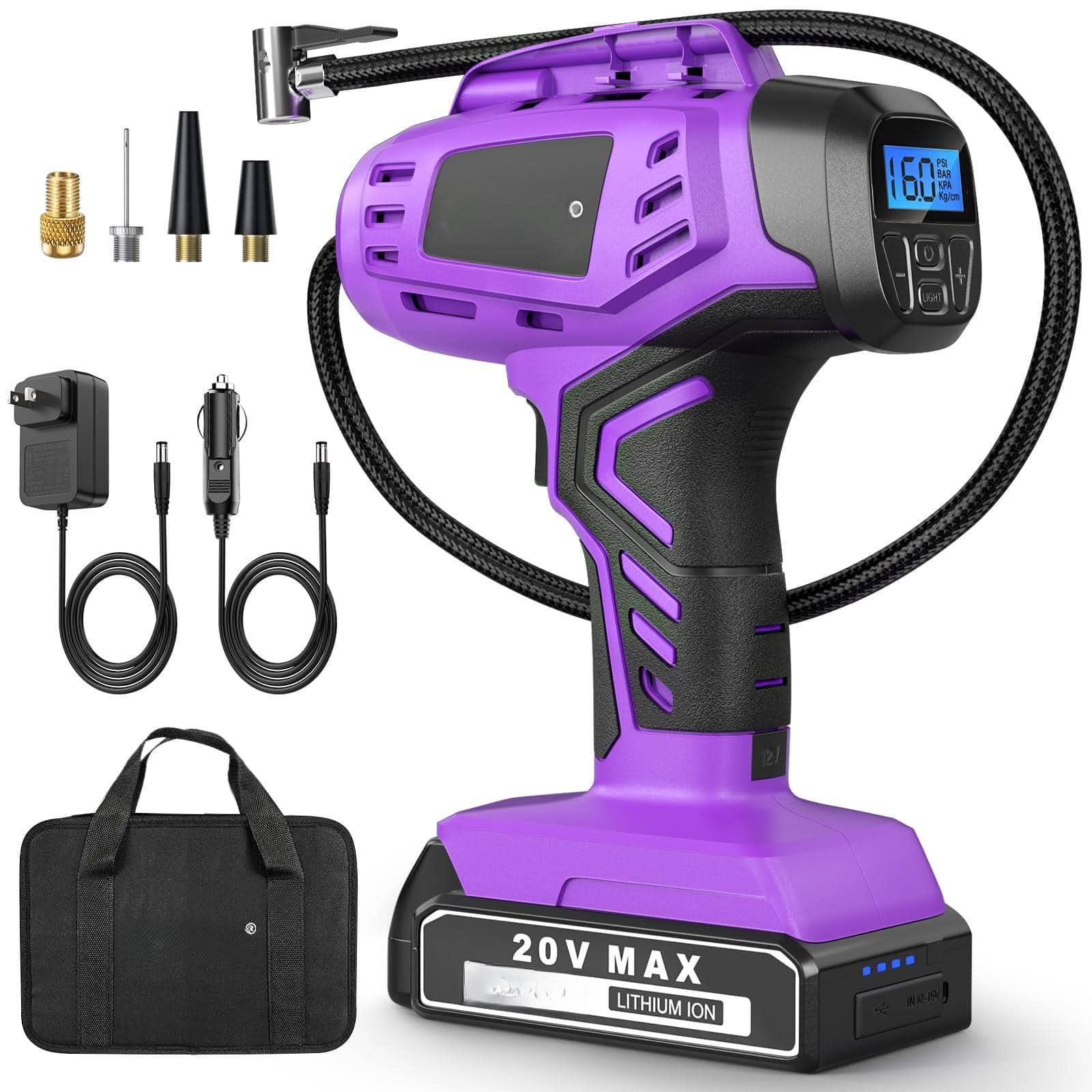 JETRANSPORT - Tire Inflator Portable Air Compressor 20v Cordless Car Pump Rechargeable W/12v Dc Adapter Green - Purple