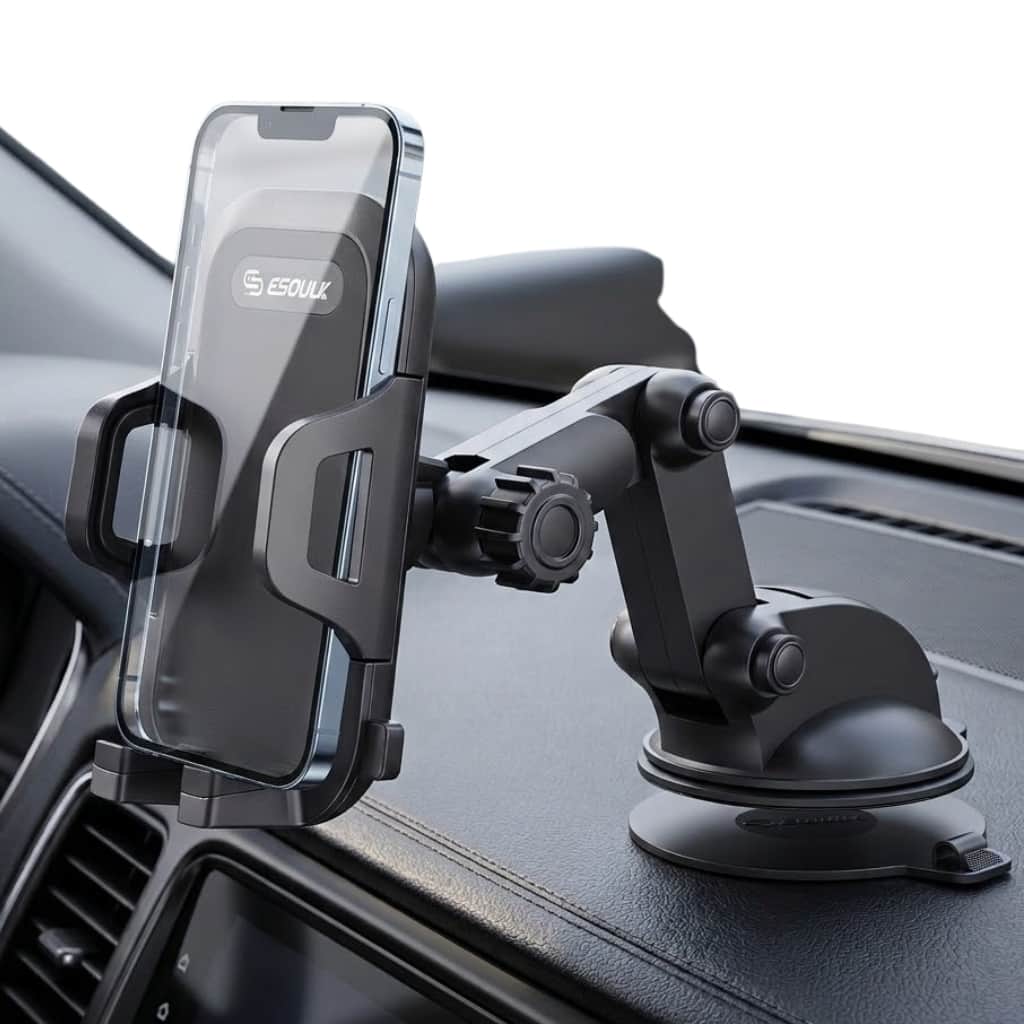 Front. Esoulk - Universal Dashboard and Windshield Car Phone Holder Mount Fits Samsung S26 Ultra S26+ S26 iPhone 17 16 Pro Max - Black.