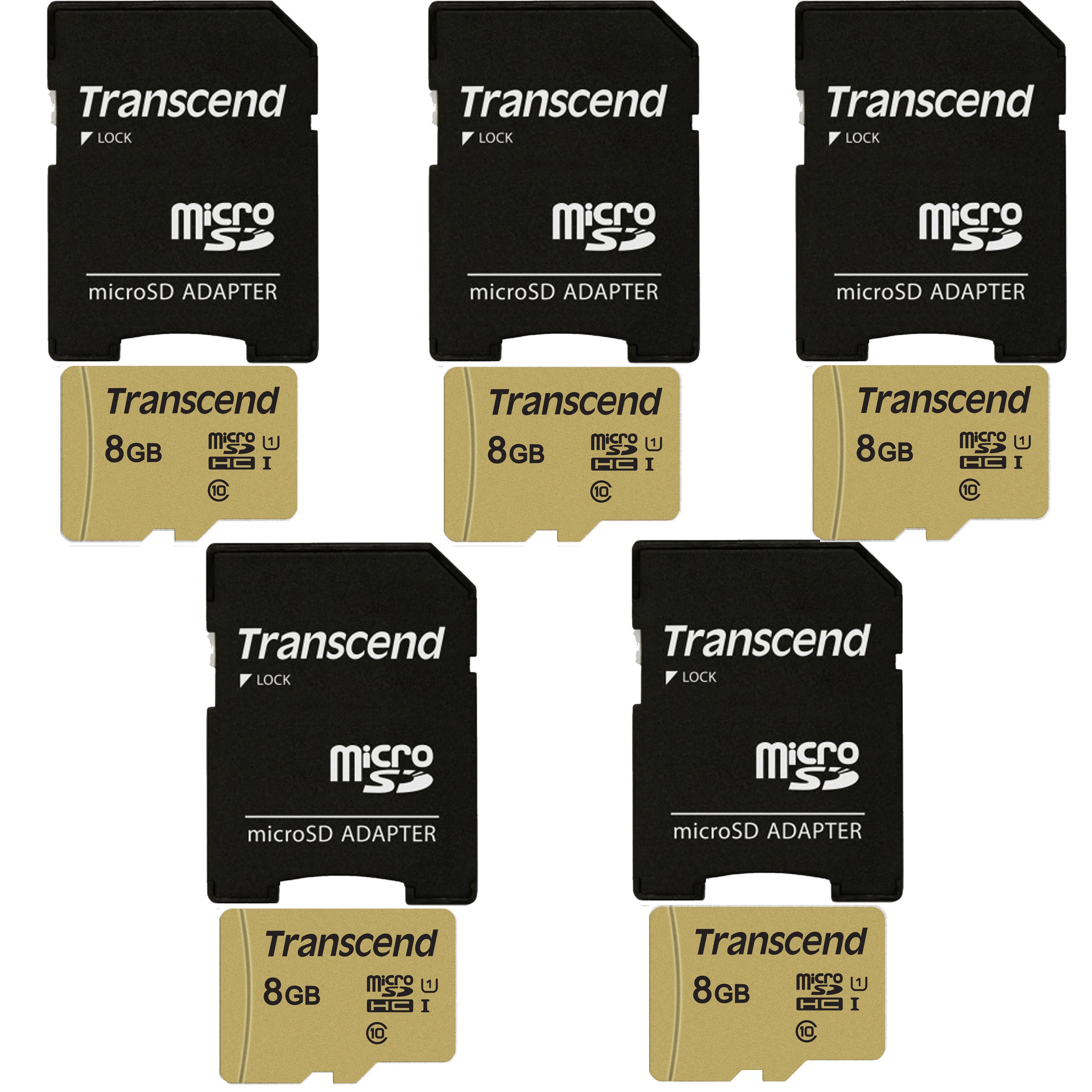 5 Units Transcend 8GB UHS-1 Class 10 micro SD with SD Adapter
