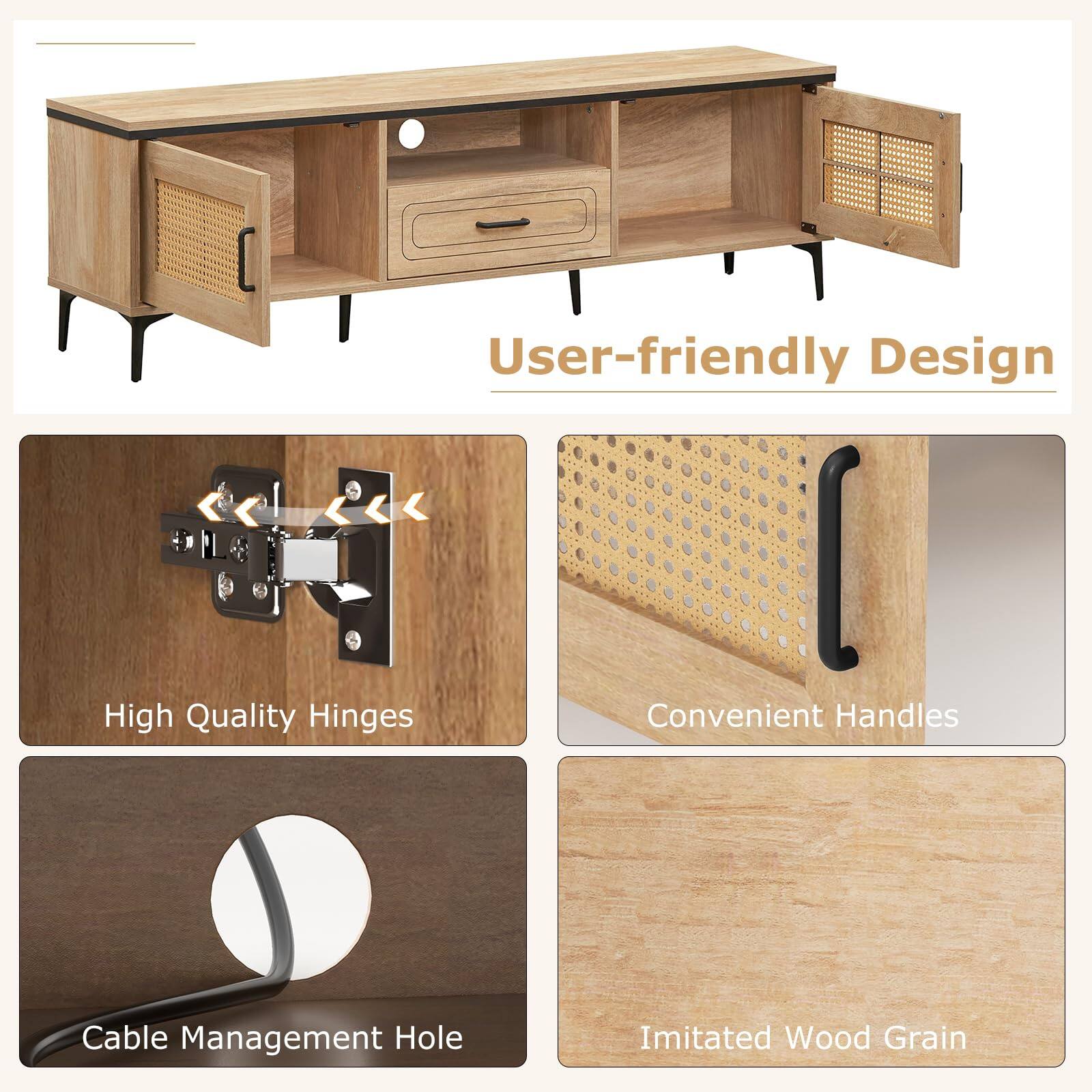 User-friendly Design

- High Quality Hinges
- Convenient Handles
- Cable Management Hole
- Imitated Wood Grain