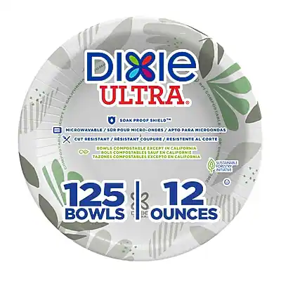 DIXIE ULTRA
SOAK PROOF SHIELD™
MICROWAVABLE / SOR POUR MICRO-ONDES / APTO PARA MICROONDAS
CUT RESISTANT / RÉSISTANT À LA COUPE / RESISTENTE AL CORTE
BOWLS COMPOSTABLE EXCEPT IN CALIFORNIA / TAZONES COMPOSTABLES EXCEPTO EN CALIFORNIA / BOLS COMPOSTABLES SAUF EN CALIFORNIE
SUSTAINABLE INITIATIVE FORESTRY
125 BOWLS / 12 OUNCES