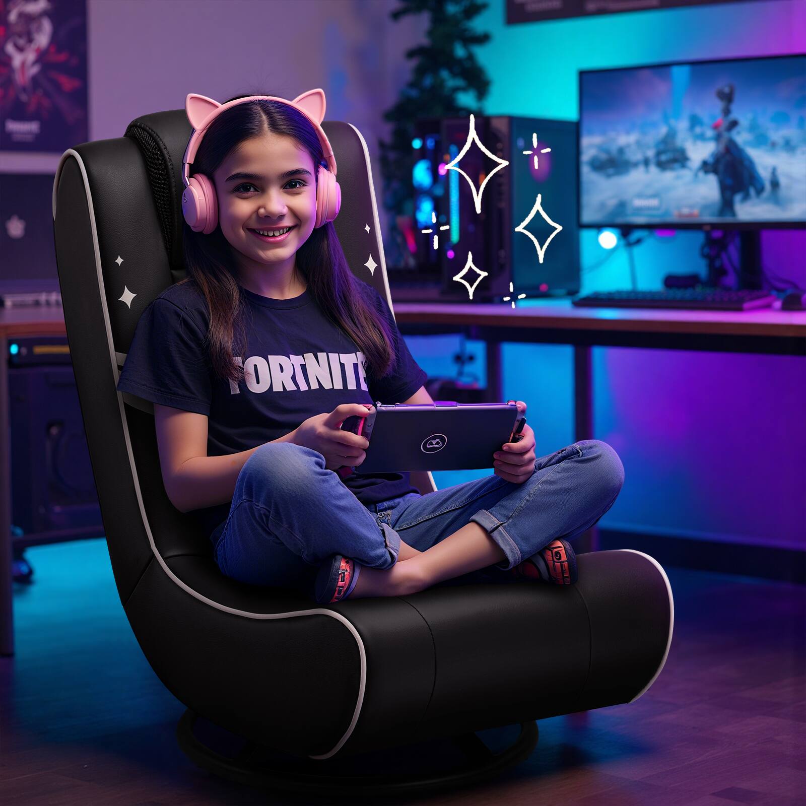 Alt View 1. GTPlayer - Floor Gaming Chair Foldable Swivel Floor Chairs 360° Multipurpose，Gold - Gold.