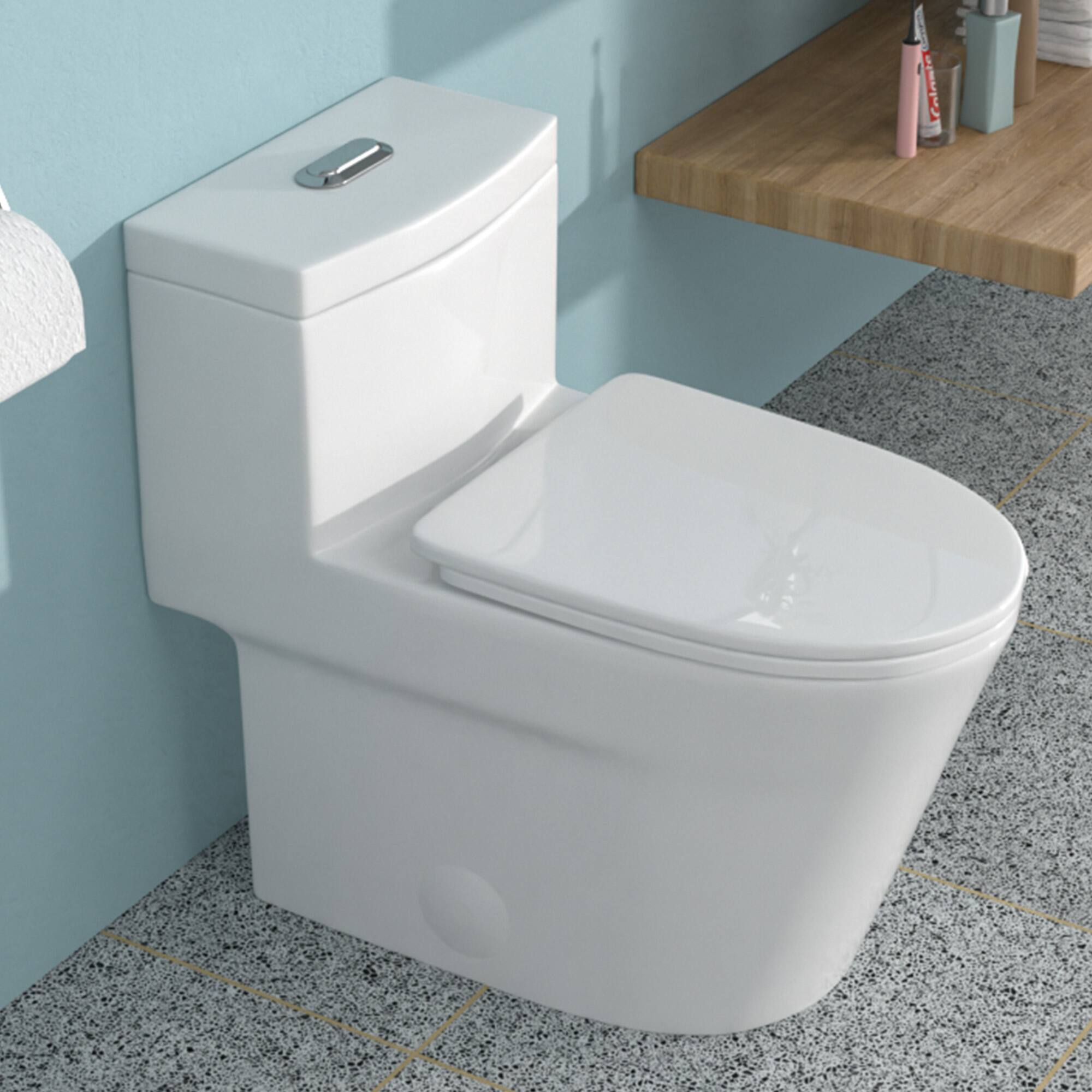 Left. TinyHomie - Ceramic One Piece Toilet for Bathroom 12 inch Rough In 124143 GPF Dual Flush with Soft Closing Seat Powerful Dual - White.