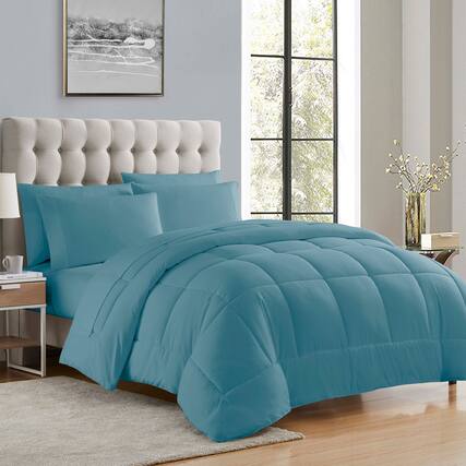 Front. Sweet Home Collection - All Season Reversible Bed-in-A-Bag Solid Color Comforter & Sheet Set, Full - Misty Blue.