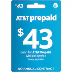 $43 AT&T prepaid
$43
Good for AT&T Prepaid wireless service
90-day expiration
NO ANNUAL CONTRACT