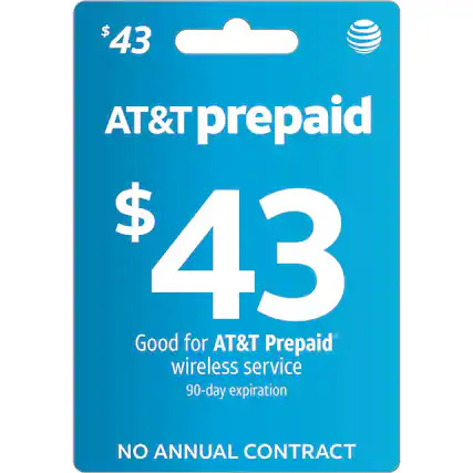 $43 AT&T prepaid
$43
Good for AT&T Prepaid wireless service
90-day expiration
NO ANNUAL CONTRACT