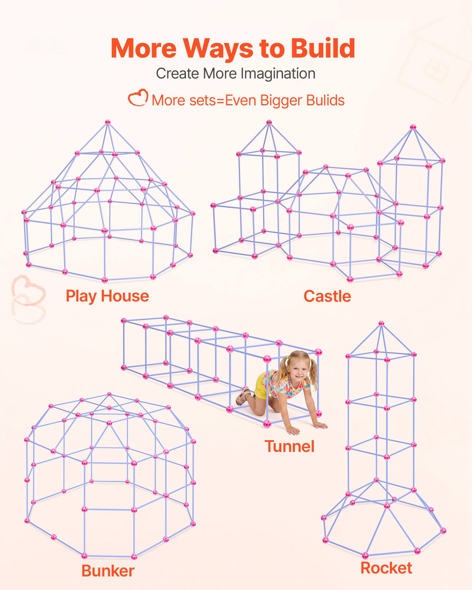 More Ways to Build  
Create More Imagination  
More sets=Even Bigger Builds  

Play House  
Castle  
Tunnel  
Bunker  
Rocket
