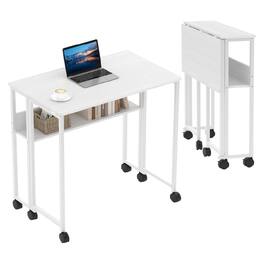 GARVEE - Folding Rolling Desk - 24.8 Inch Space Saving with Laptop Table Storage Shelf, Sturdy Frame - White