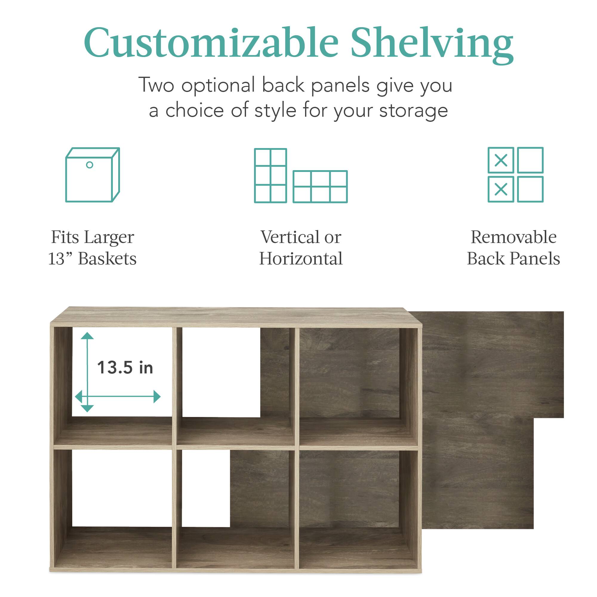 Customizable Shelving

- Two optional back panels give you a choice of style for your storage.
- Fits Larger 13" Baskets
- Vertical or Horizontal
- Removable Back Panels
- 13.5 in