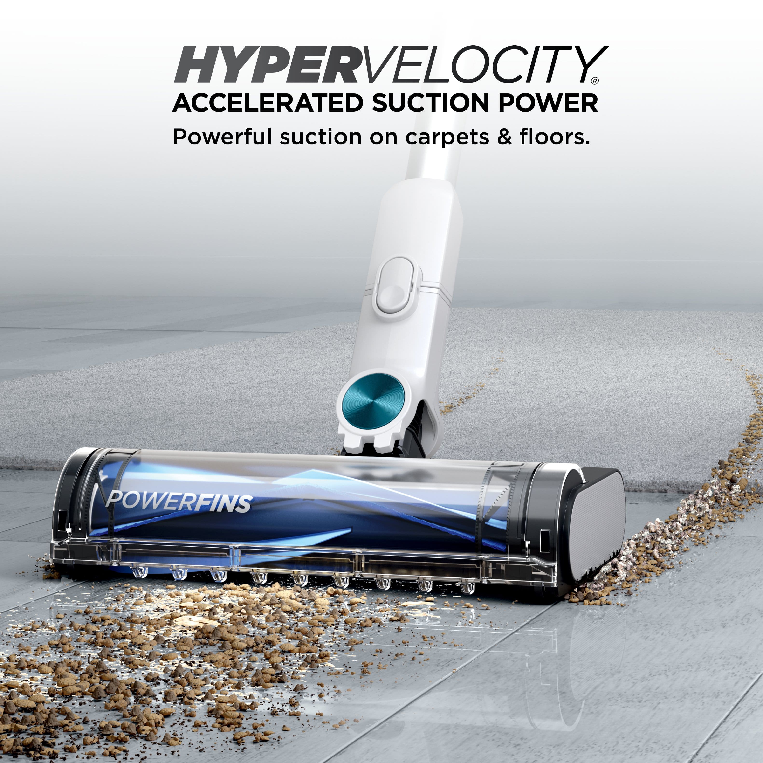 The text on the image is grouped and corrected as follows:
"Hypervelocity: Accelerated Suction Power. Powerful suction on carpets & floors. Powerfins."