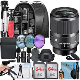 Bundle - Sigma - 35mm f/1.4 DG DN Art Lens for Sony E + 2x 64GB Memory Card + Backpack + Tripod + ZeeTech - Black