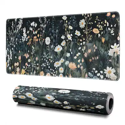 Front. Earthley Blooms - Gaming Mouse Pad Abstract Black 31.. Sea Wave Texture Non-slip Rubber Base Large Mousepad Stitched Edges Mat - Flower.