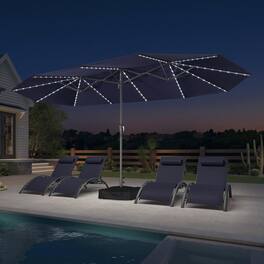 PURPLE LEAF - 15 ft. Patio Market Umbrella with Solar LED and Base Double-Sided Outdoor Table Sun Umbrellas for Pool Deck Backyard - Navy Blue