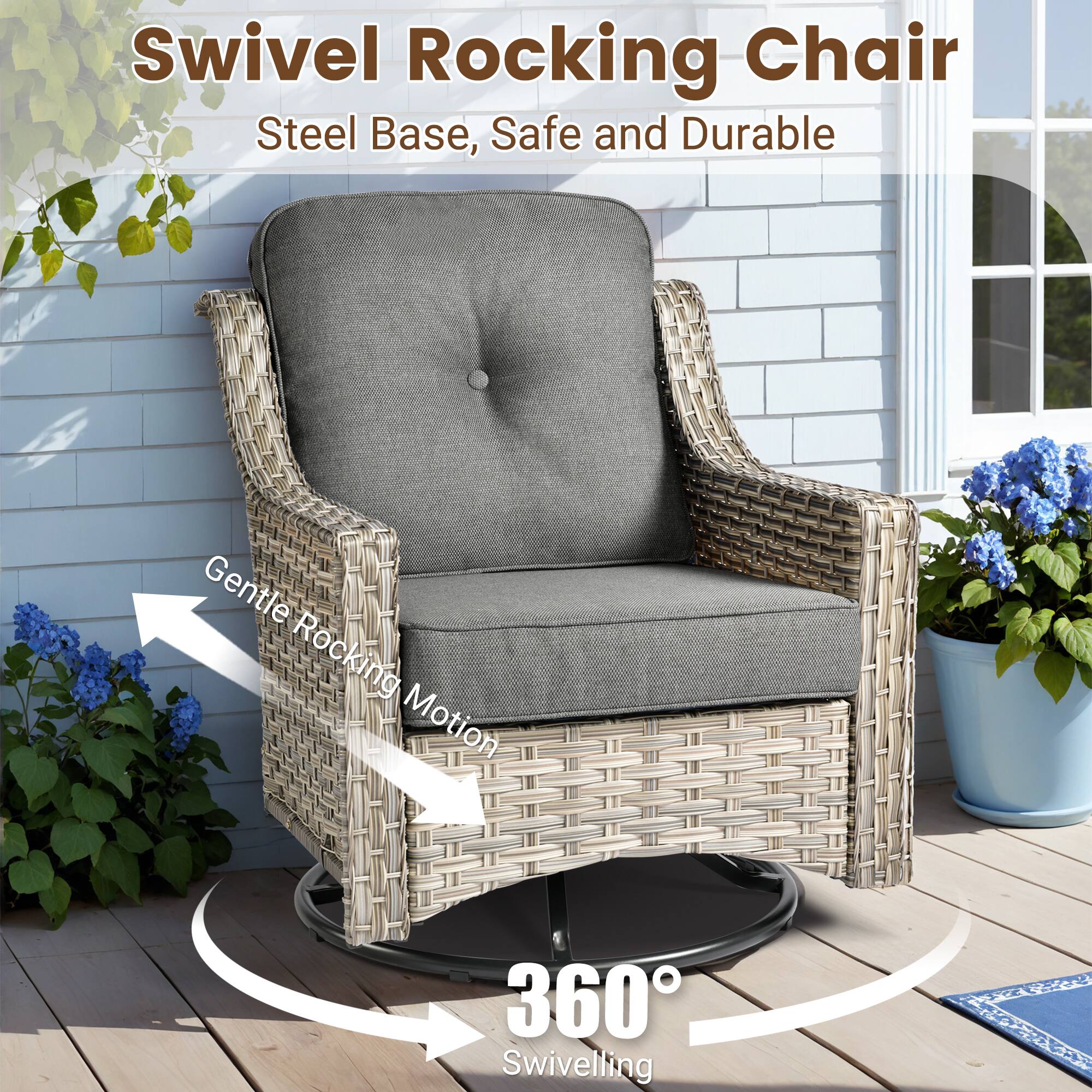 Swivel Rocking Chair  
Steel Base, Safe and Durable  

Gentle Rocking Motion  

360° Swiveling