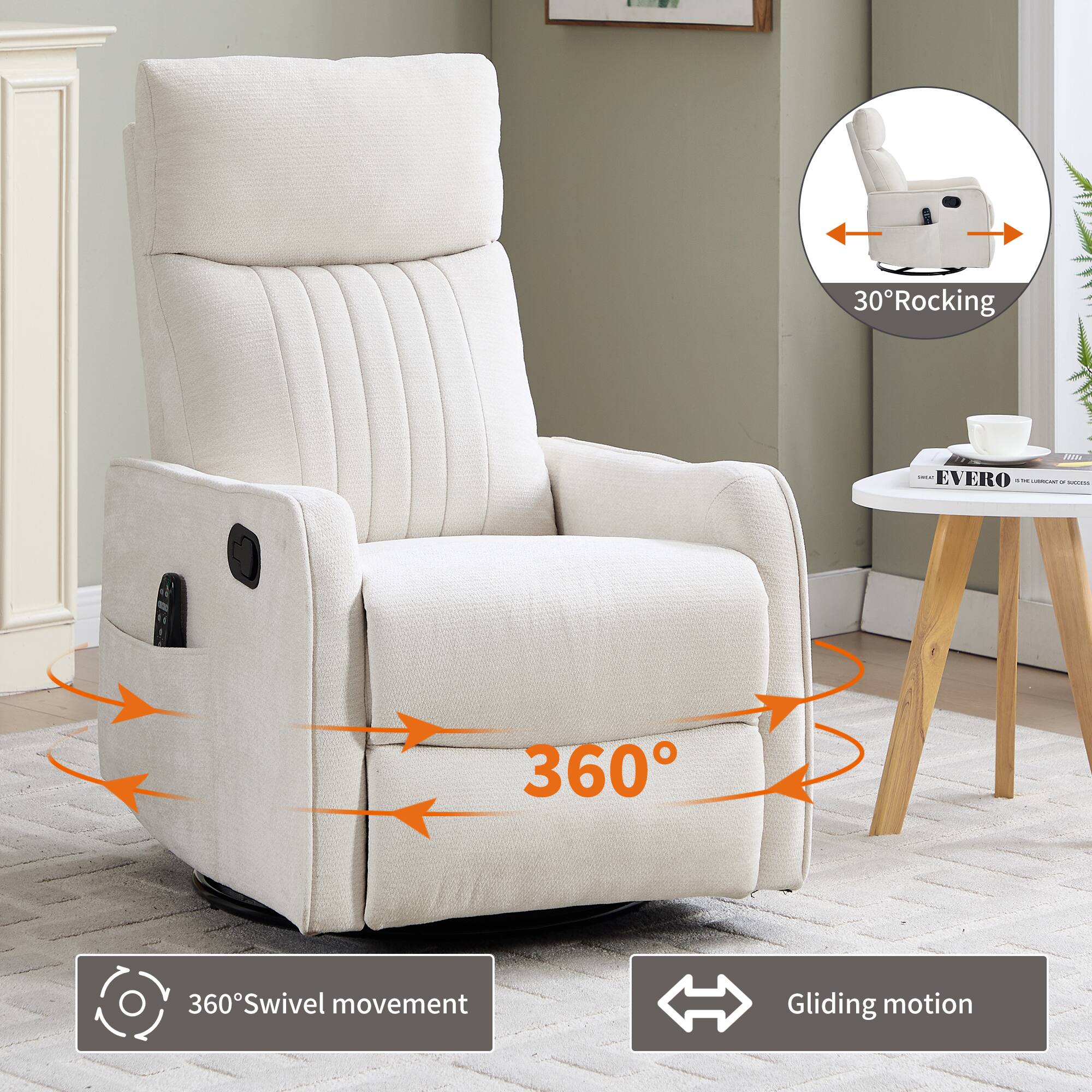 30° Rocking  
360° Swivel movement  
Gliding motion