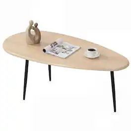 Costway - Oval Coffee Table with Sturdy Metal Construction & Compact Design, Retro Sofa Table - Natural