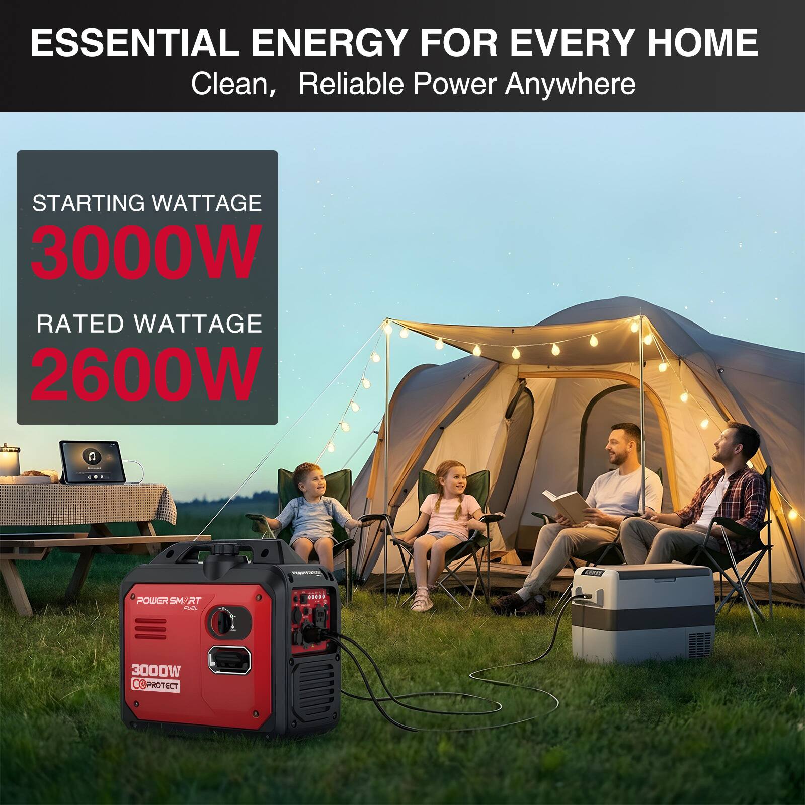 ESSENTIAL ENERGY FOR EVERY HOME  
Clean, Reliable Power Anywhere  

STARTING WATTAGE 3000W  
RATED WATTAGE 2600W  

POWER SMART  
3000W  
PROTECT