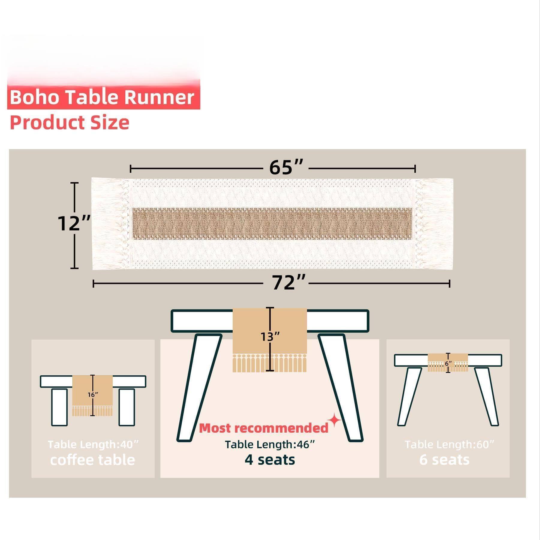 Boho Table Runner  
Product Size  

65" x 12"  
72" x 13"  

Table Length: 40" (coffee table)  
Most recommended: Table Length: 46" (4 seats)  
Table Length: 60" (6 seats)