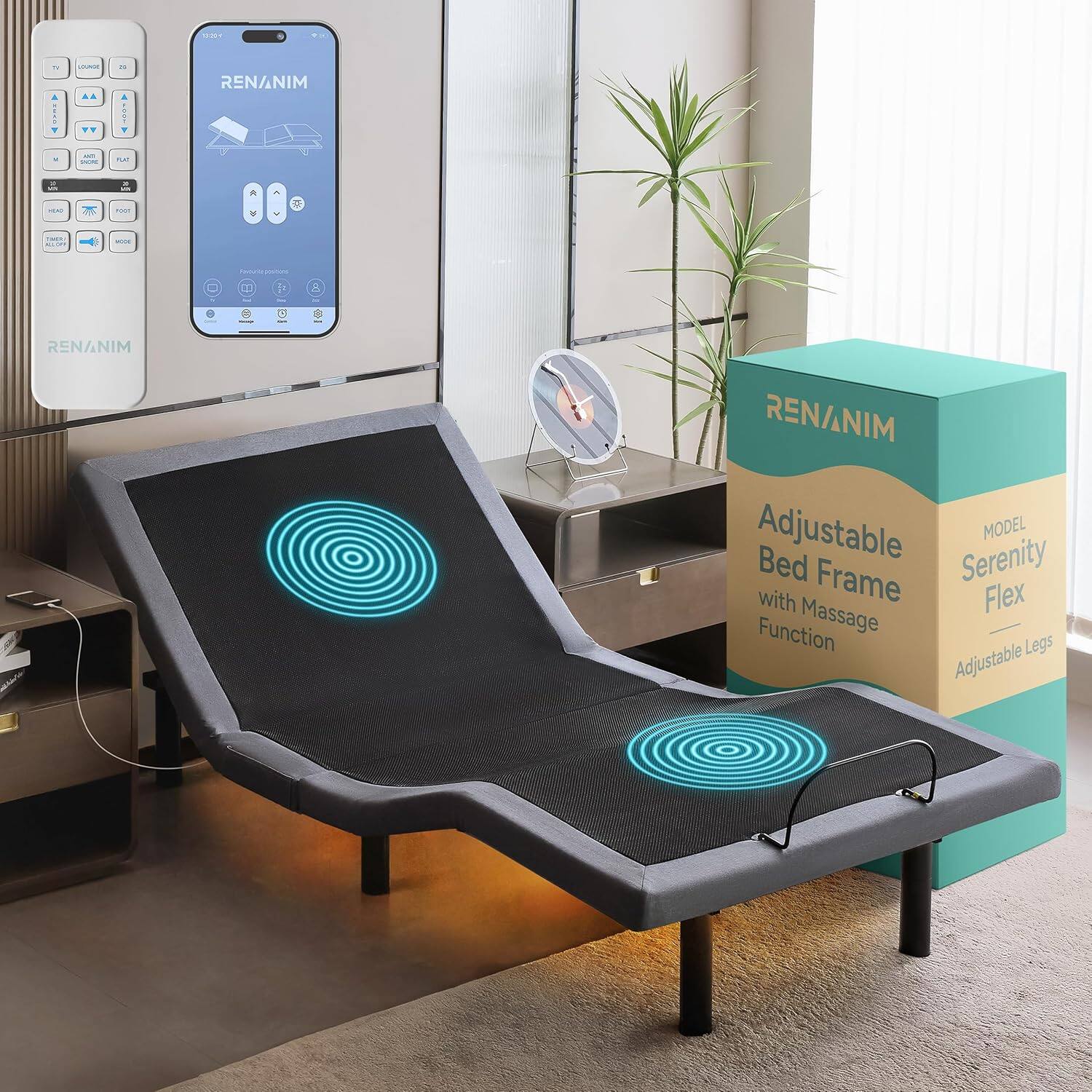 Renanim - SF Twin XL Adjustable Electric Bed Frame with Massage Wireless Remote, USB Ports, UnderBed Light, Zero Gravity - Gray