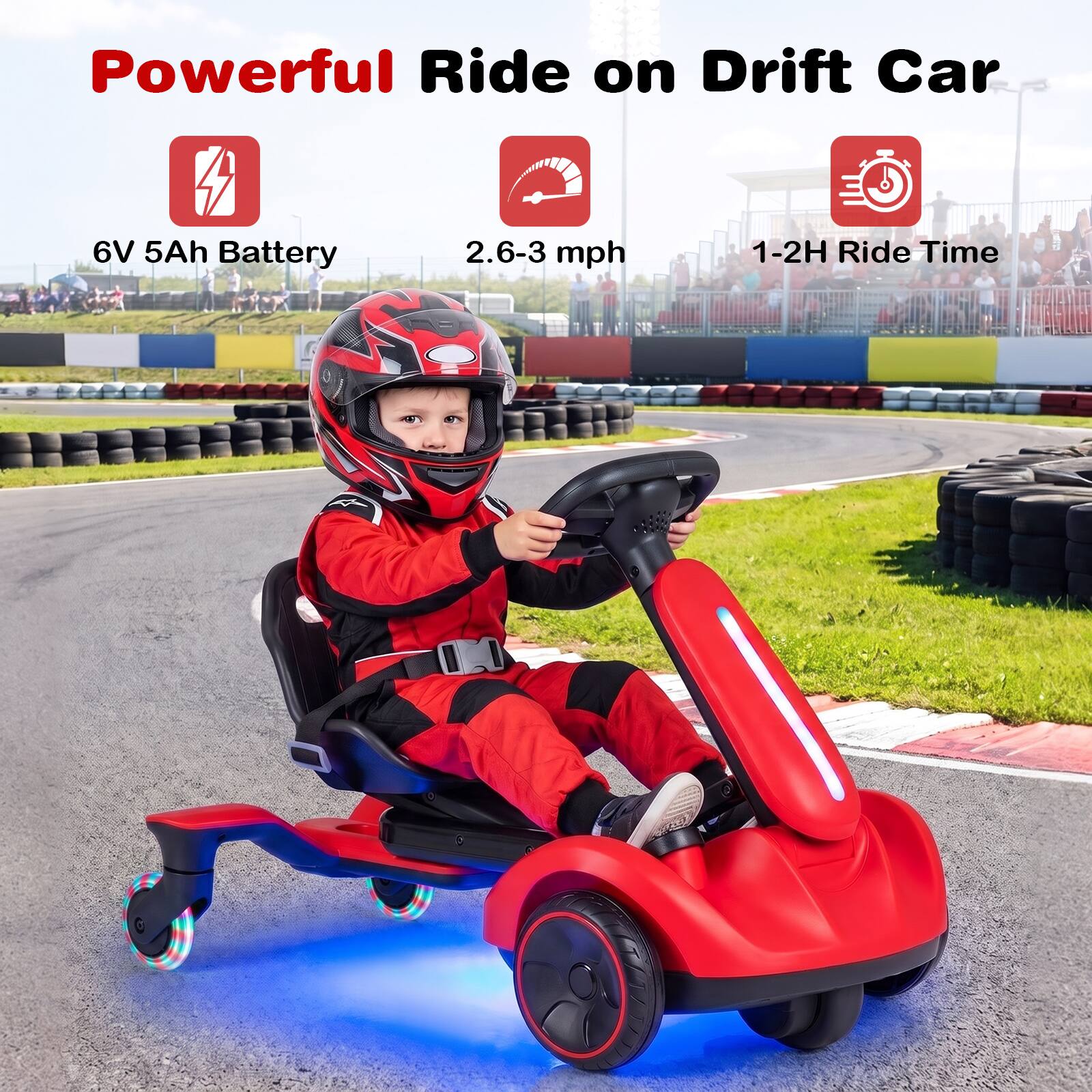 Powerful Ride on Drift Car

6V 5Ah Battery

2.6-3 mph

1-2H Ride Time