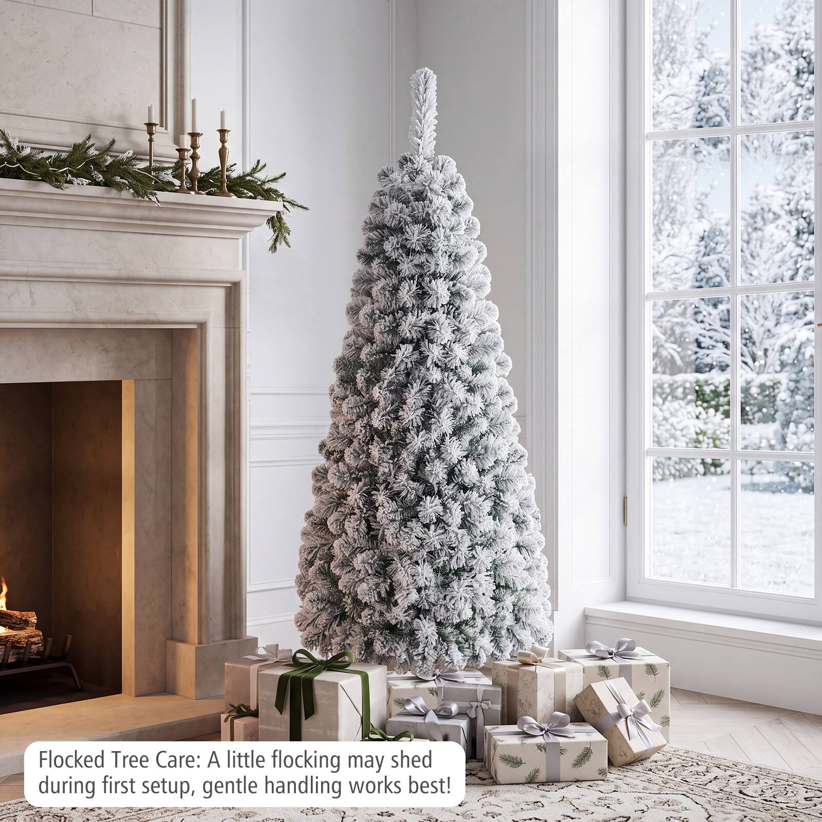 Flocked Tree Care: A little flocking may shed during first setup, gentle handling works best!