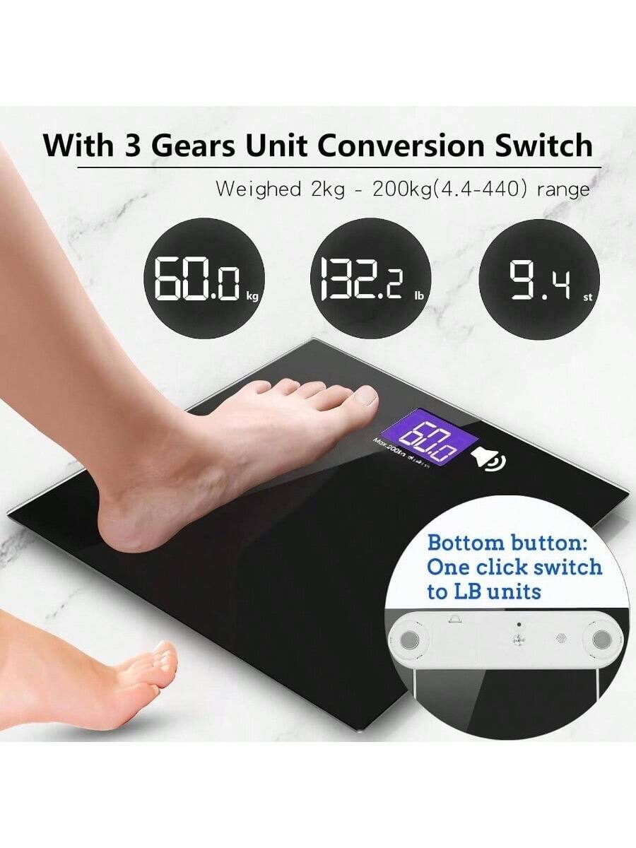 With 3 Gears Unit Conversion Switch  
Weighed 2kg - 200kg (4.4-440) range  

60.0 kg  
132.2 lb  
9.4 st  

Bottom button: One click switch to LB units