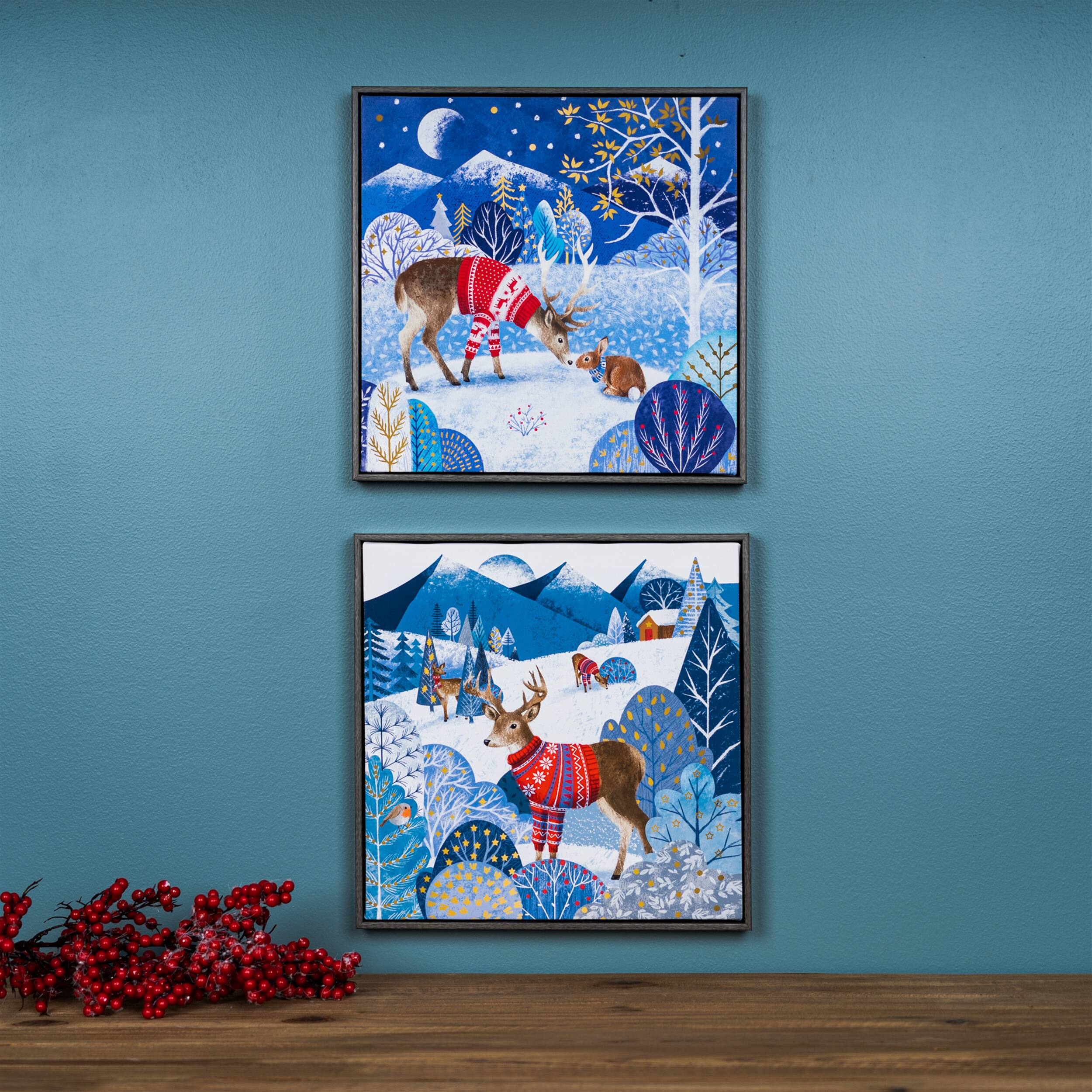 Angle. BreeBe - Framed Forest Friends Print (Set of 2) - Blue, White.