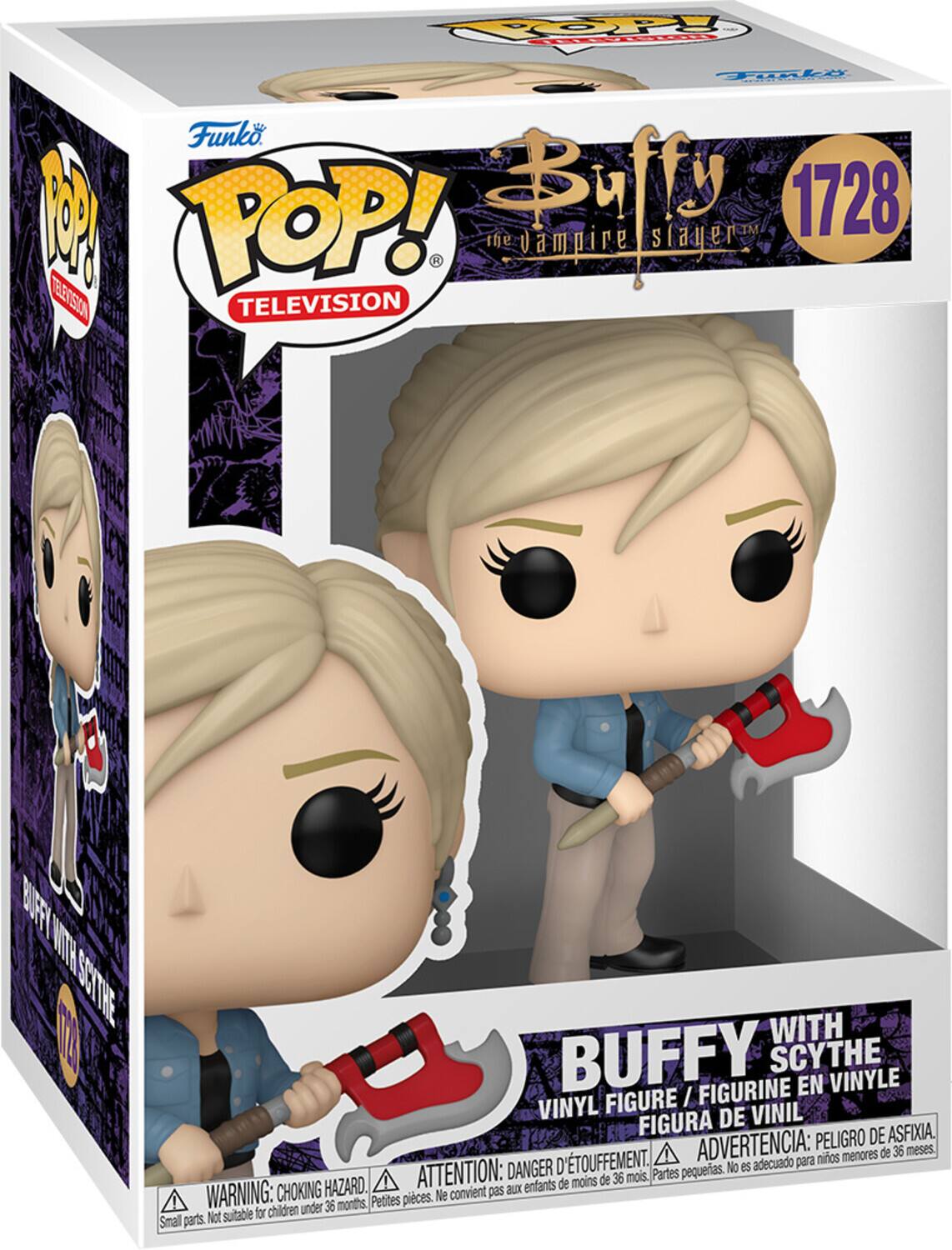 Funko POP!  
TELEVISION  

Buffy the Vampire Slayer  
1728  

Buffy with Scythe  
VINYL FIGURE / FIGURINE EN VINYLE / FIGURA DE VINIL  

WARNING: CHOKING HAZARD. Small parts. Not suitable for children under 36 months.  
ATTENTION: DANGER D'ÉTOUFFEMENT. Petites pièces. Ne convient pas aux enfants de moins de 36 mois.  
ADVERTENCIA: PELIGRO DE ASFIXIA. Partes pequeñas. No es adecuado para niños menores de 36 meses.