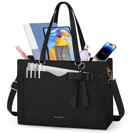 DORLUKFU - Laptop Bag for Women 15.6 Inch Work Tote Bag with Detachable Strap & Bow Professional Laptop Tote with Cup Holder - All Black