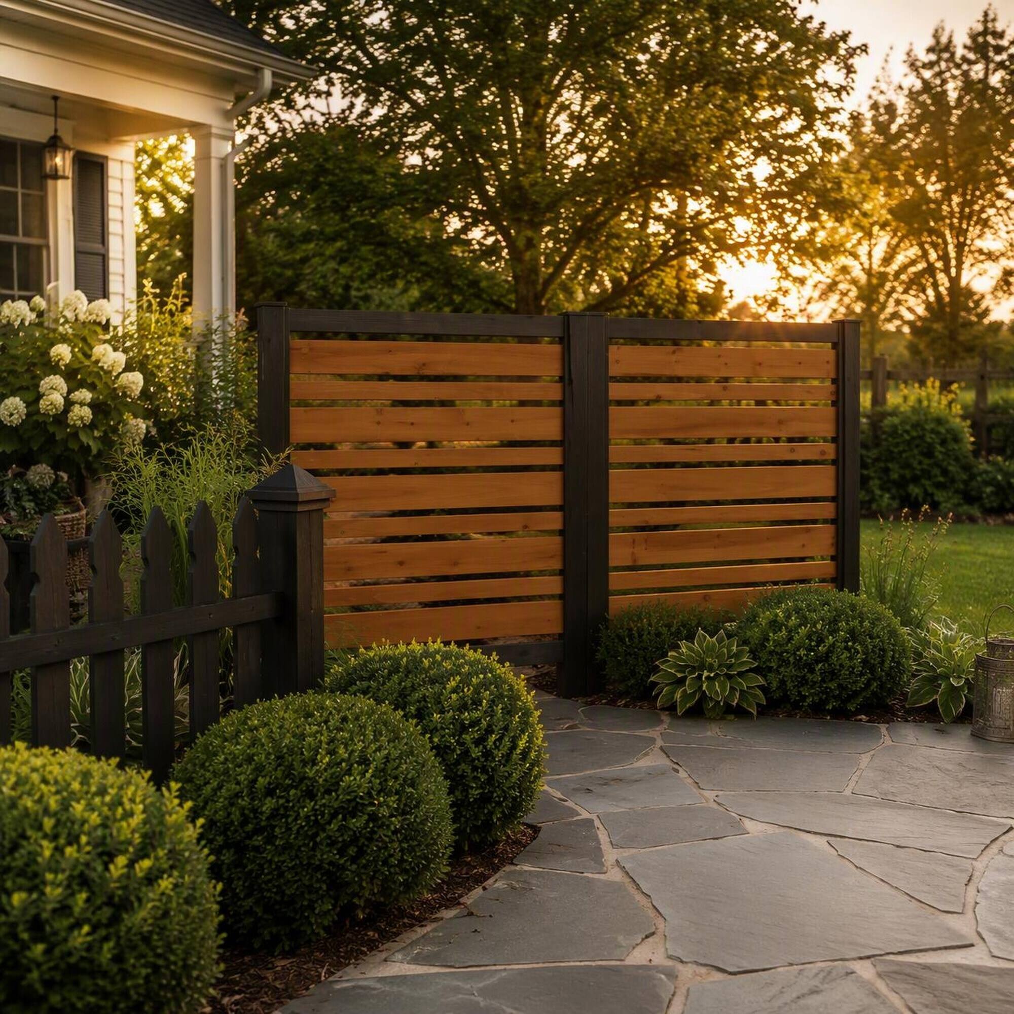Back. RYHNUYNE - Outdoor Wood Privacy Fence Screen for Air Conditioner, 3 Panels 38x42 Inch Natural Solid Wood Patio Garden - Black+Gold.
