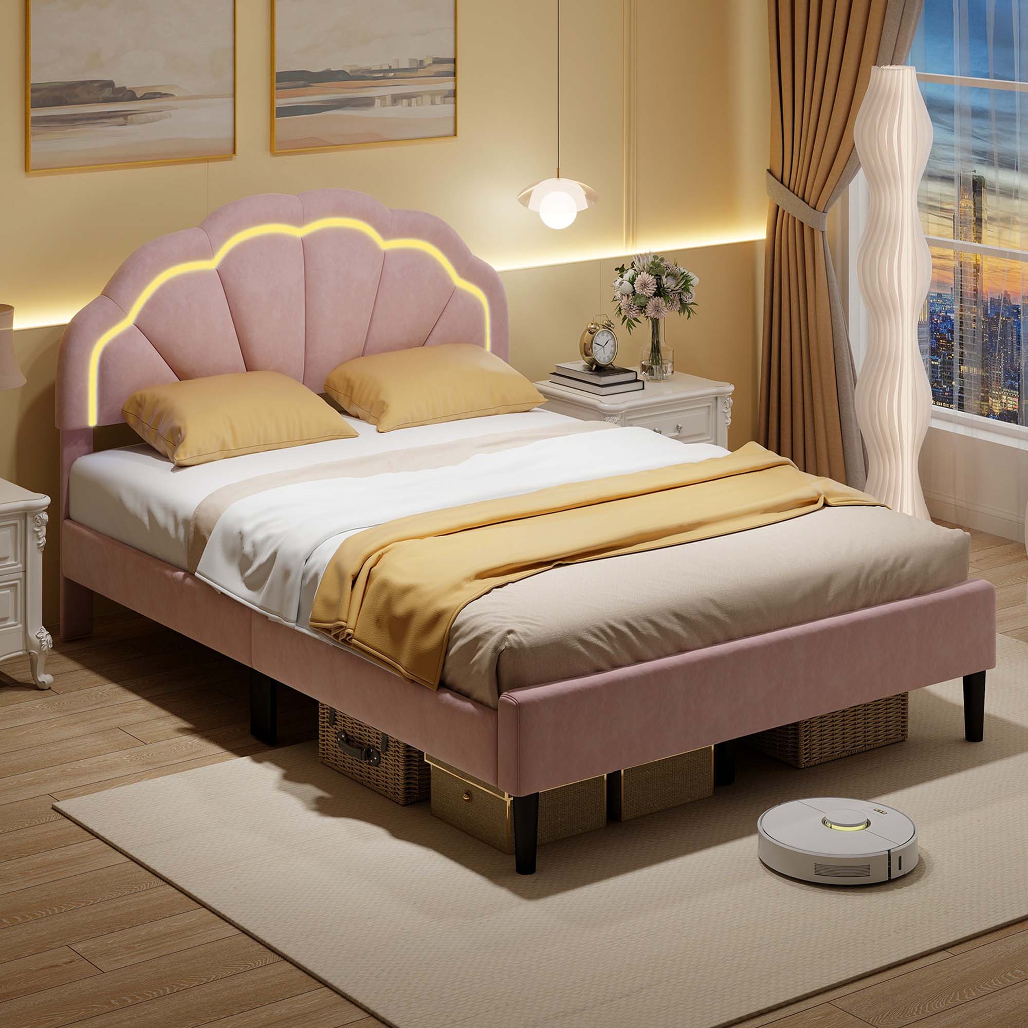 Alt View 1. Costway - Full Size Upholstered LED Bed Frame Soft Velvet Platform Bed with Flower Headboard - Pink.
