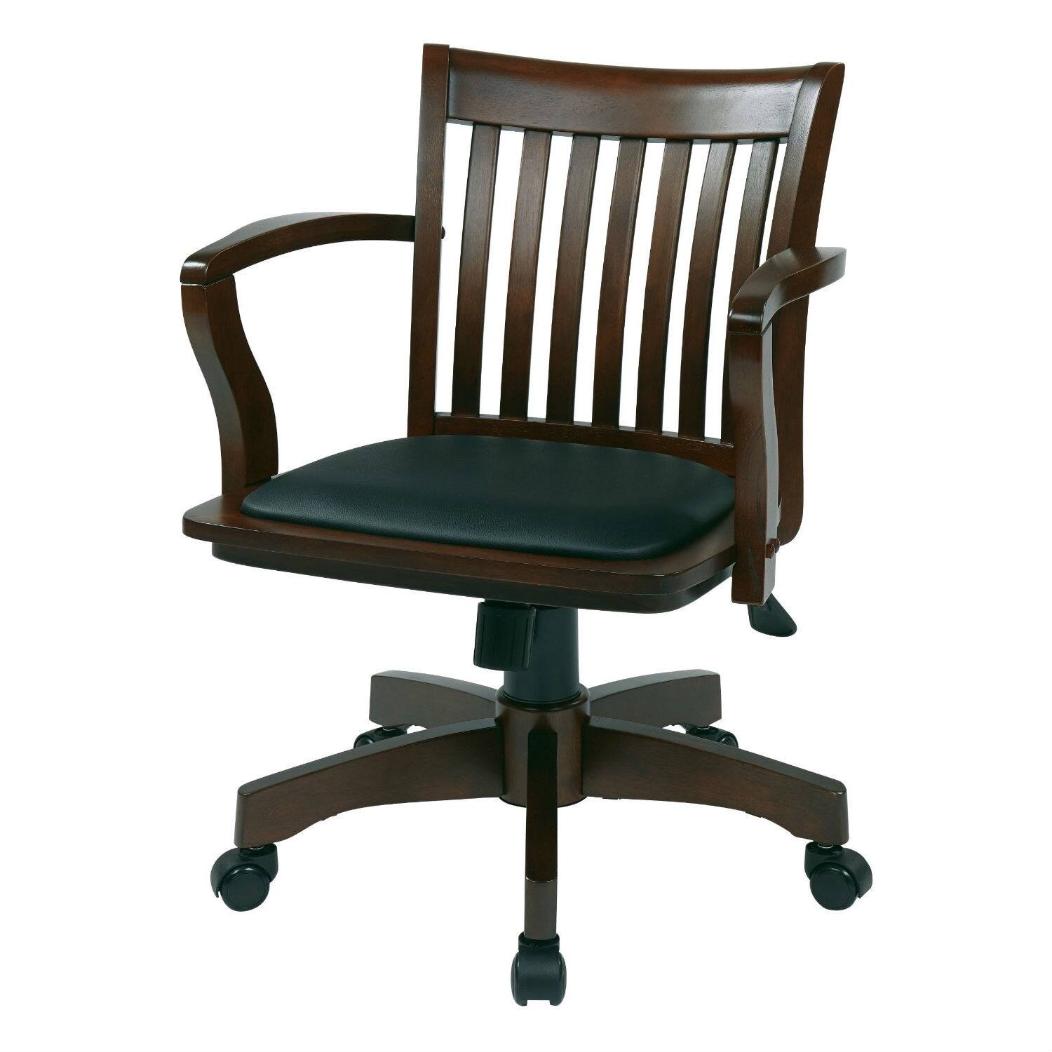 Front. Hivvago - Espresso Bankers Chair with  Black Vinyl Padded Seat and Wood Arms - Brown.