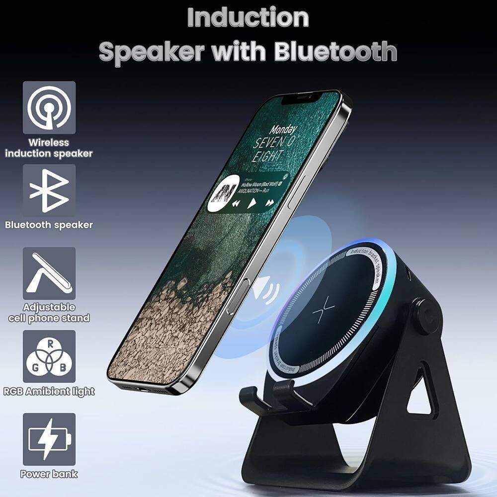 Induction Speaker with Bluetooth

- Wireless induction speaker
- Bluetooth speaker
- Adjustable cell phone stand
- RGB Ambient light
- Power bank