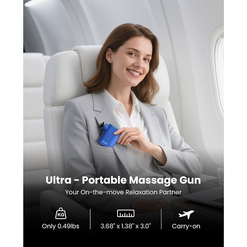 Ultra - Portable Massage Gun  
Your On-the-move Relaxation Partner  

Only 0.49lbs  
3.68" x 1.38" x 3.0"  
Carry-on